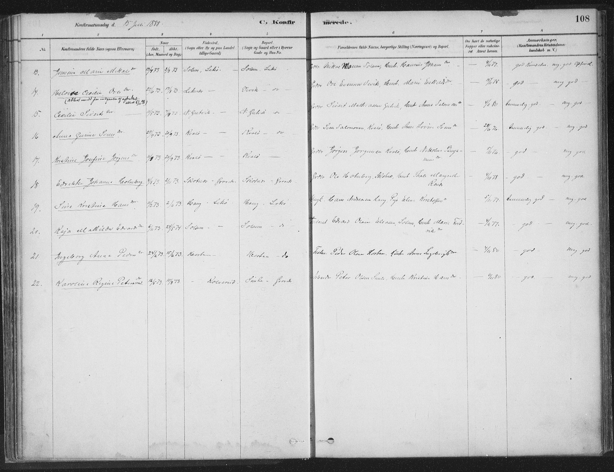 Ministerialprotokoller, klokkerbøker og fødselsregistre - Nord-Trøndelag, AV/SAT-A-1458/788/L0697: Parish register (official) no. 788A04, 1878-1902, p. 108