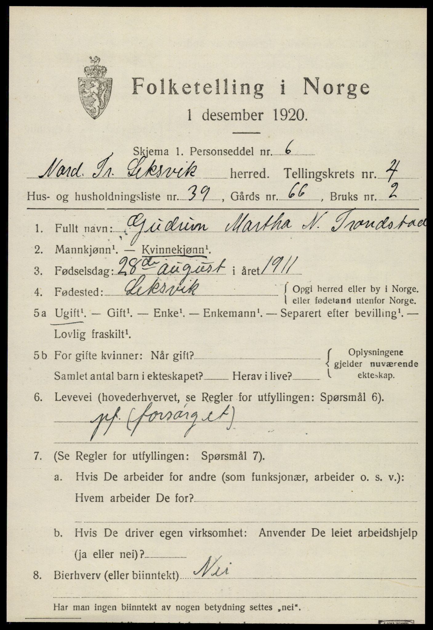 SAT, 1920 census for Leksvik, 1920, p. 3996