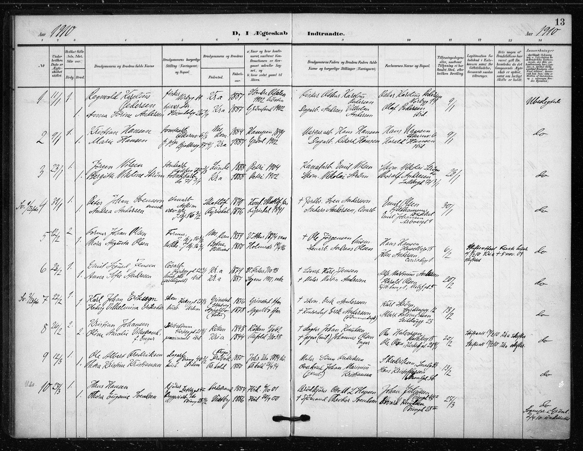 Tøyen prestekontor Kirkebøker, SAO/A-10167a/F/Fa/L0002: Parish register (official) no. 2, 1907-1916, p. 13
