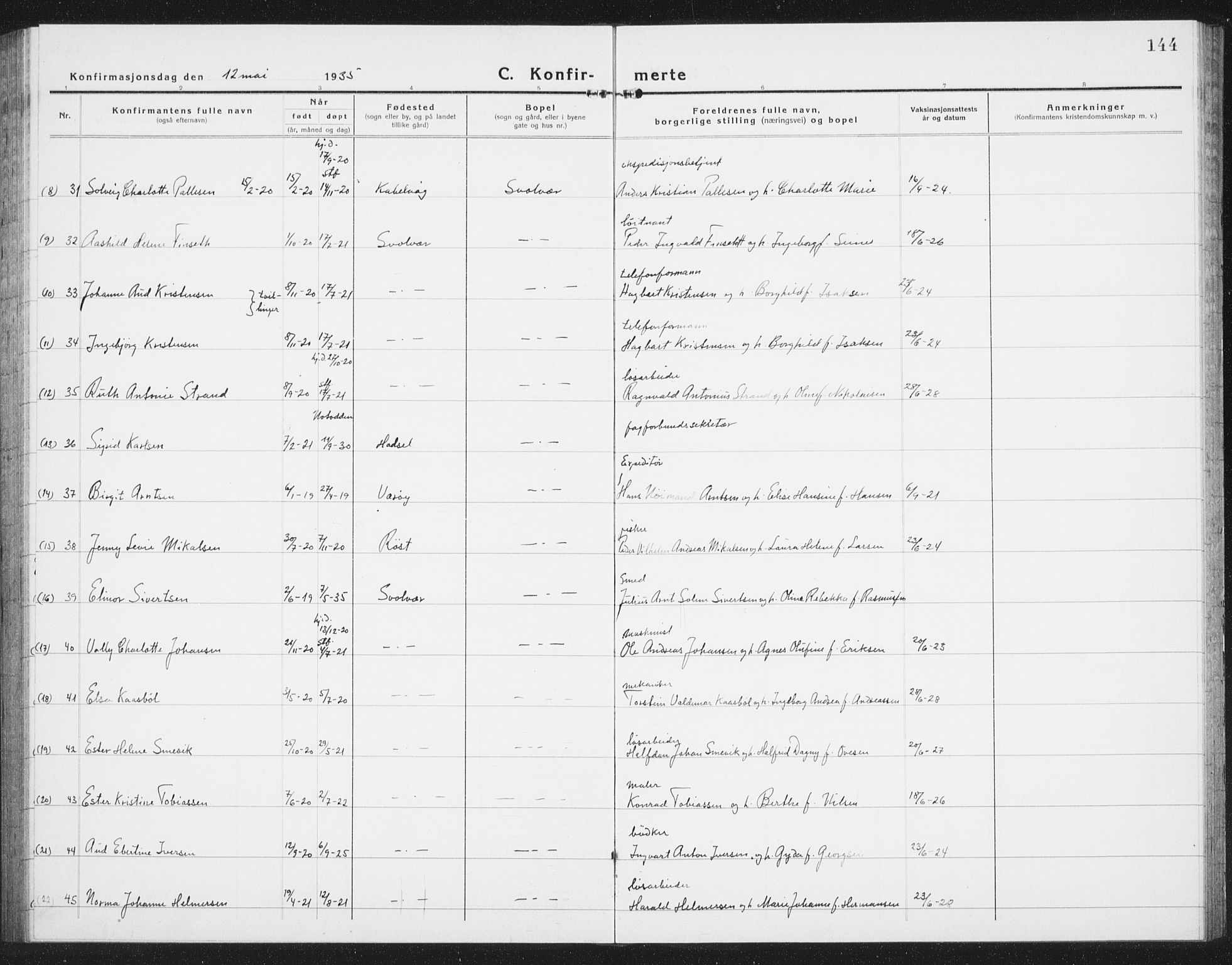 Ministerialprotokoller, klokkerbøker og fødselsregistre - Nordland, AV/SAT-A-1459/877/L1117: Parish register (copy) no. 877C01, 1923-1942, p. 144
