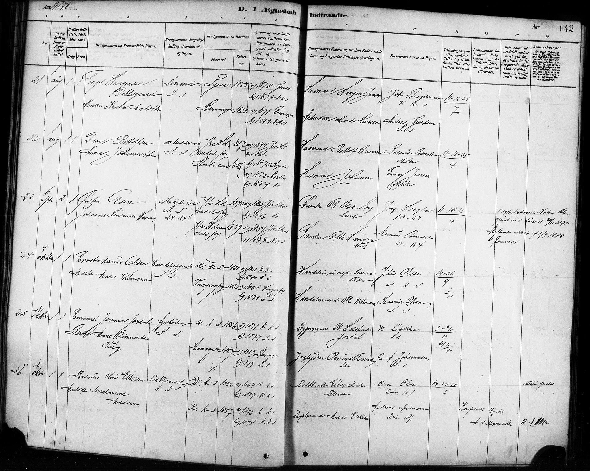 Sandviken Sokneprestembete, AV/SAB-A-77601/H/Ha/L0002: Parish register (official) no. A 2, 1878-1896, p. 142