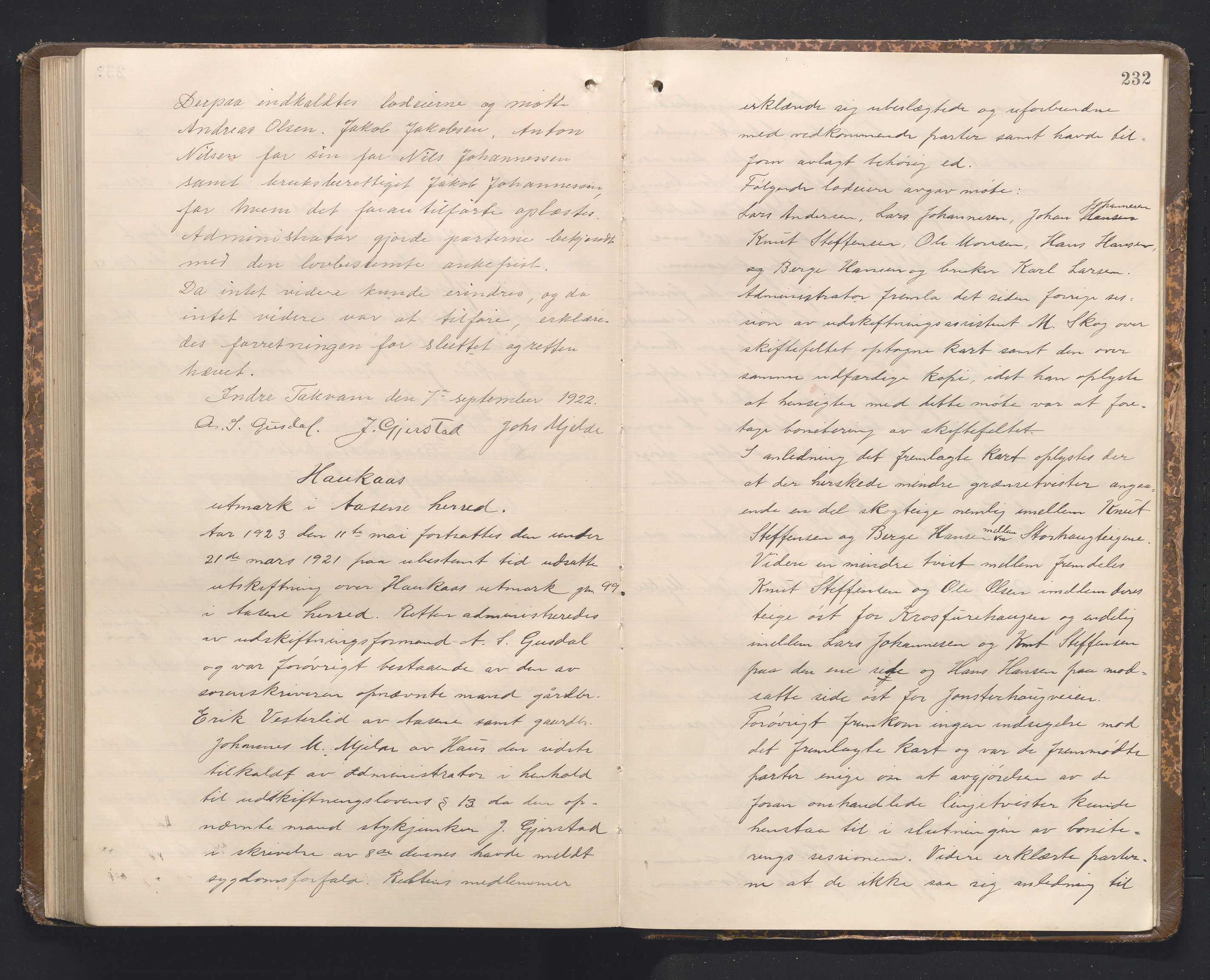 Hordaland jordskiftedøme - I Nordhordland jordskiftedistrikt, AV/SAB-A-6801/A/Aa/L0022: Forhandlingsprotokoll, 1919-1922, p. 231b-232a