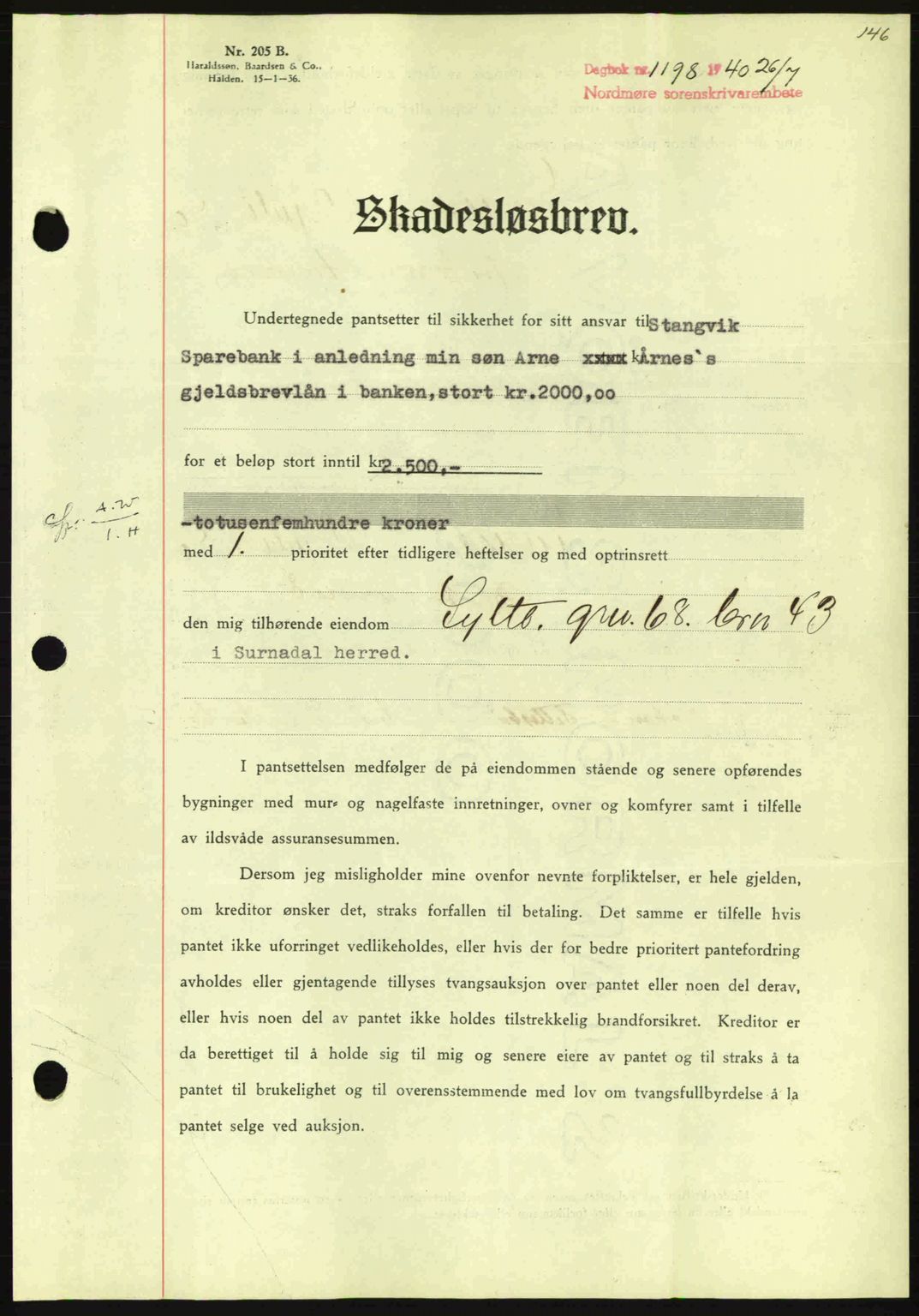 Nordmøre sorenskriveri, AV/SAT-A-4132/1/2/2Ca: Mortgage book no. B87, 1940-1941, Diary no: : 1198/1940