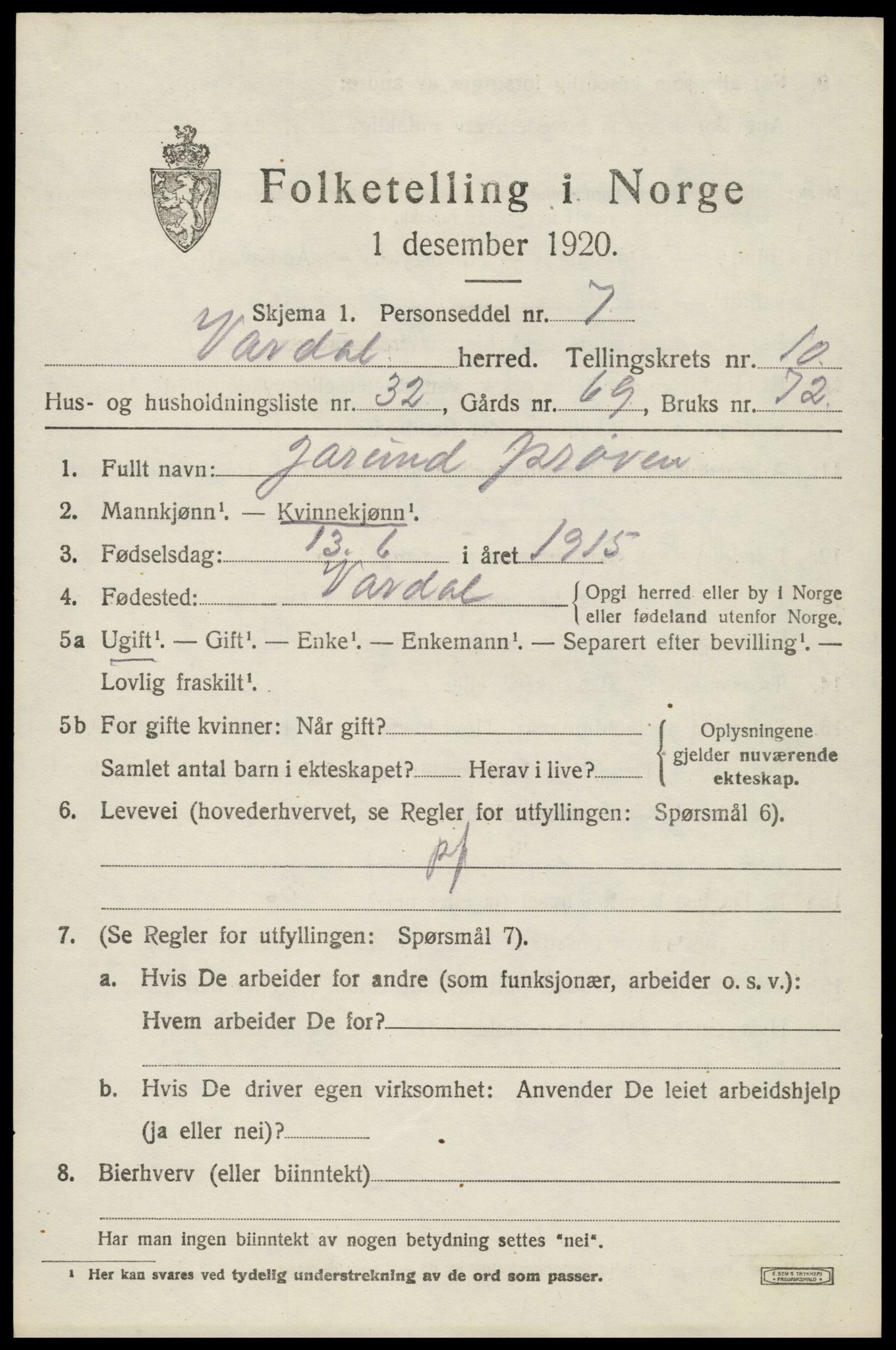 SAH, 1920 census for Vardal, 1920, p. 9017