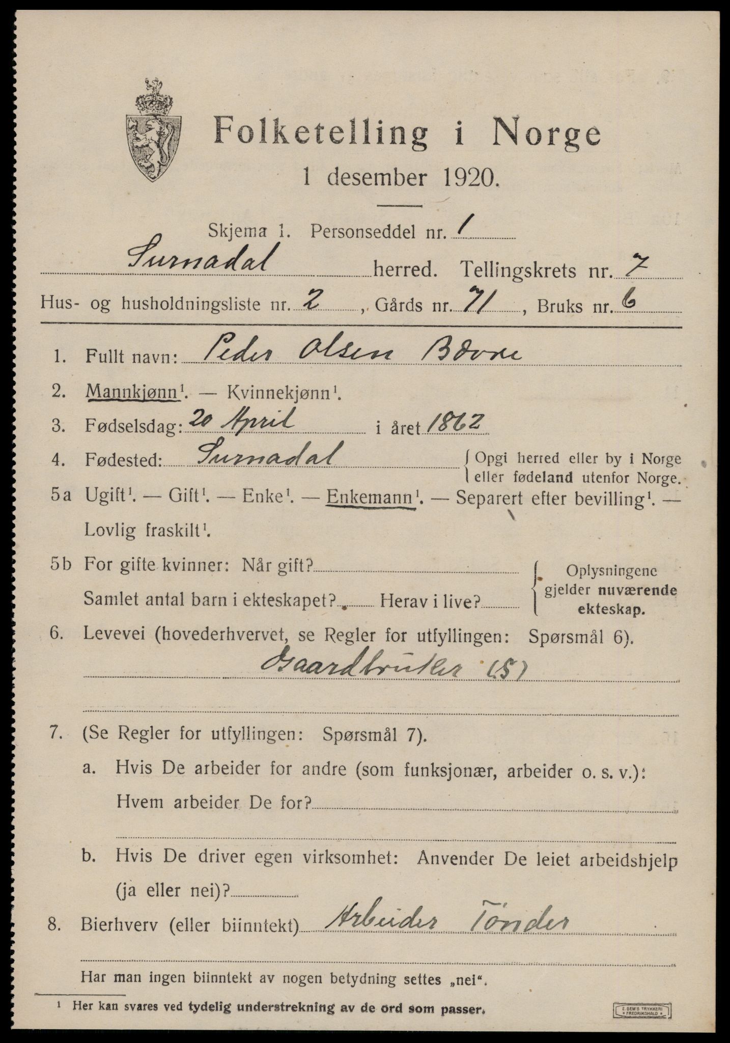 SAT, 1920 census for Surnadal, 1920, p. 4953