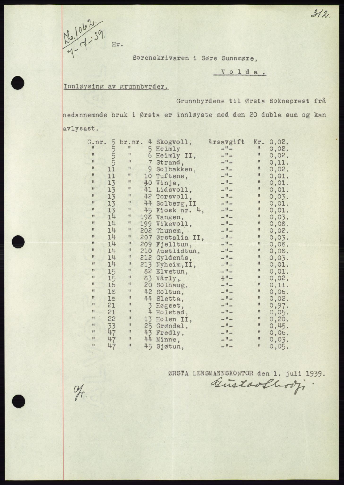 Søre Sunnmøre sorenskriveri, AV/SAT-A-4122/1/2/2C/L0068: Mortgage book no. 62, 1939-1939, Diary no: : 1062/1939