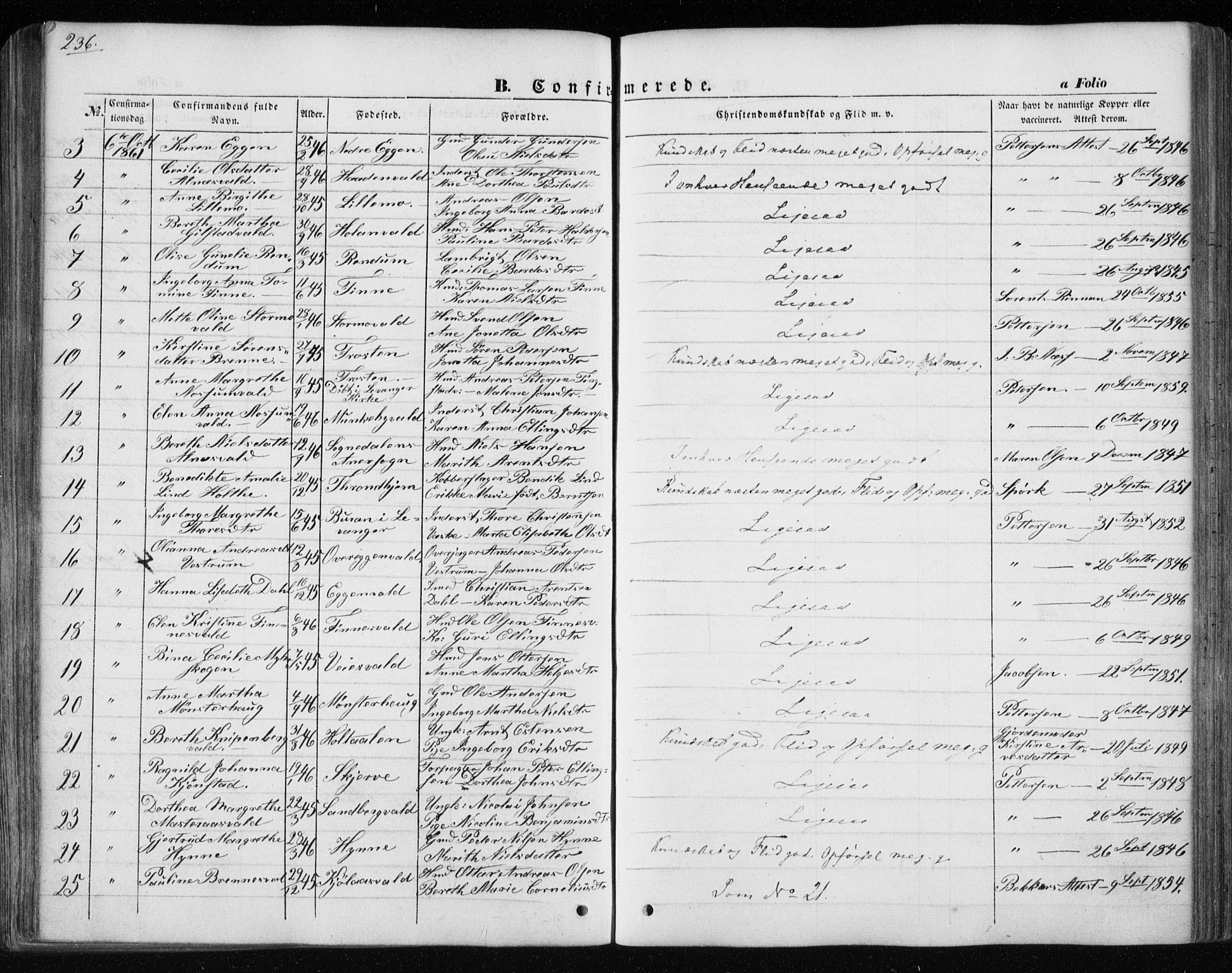 Ministerialprotokoller, klokkerbøker og fødselsregistre - Nord-Trøndelag, AV/SAT-A-1458/717/L0154: Parish register (official) no. 717A07 /1, 1850-1862, p. 236