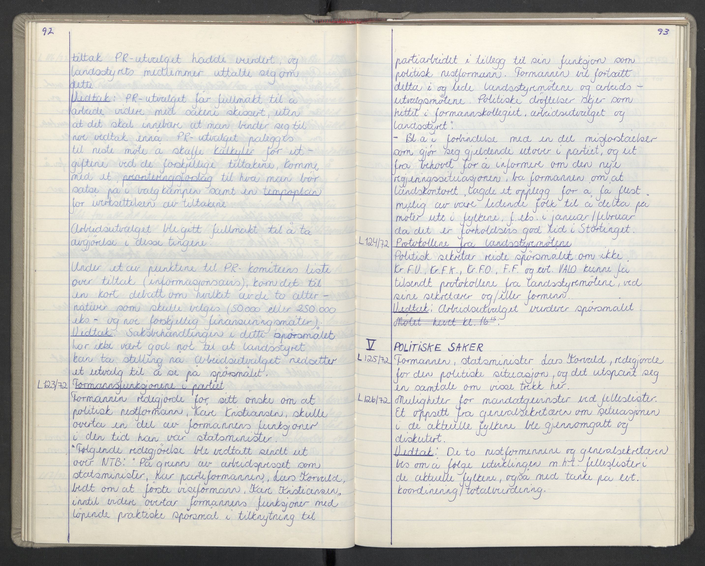 Kristelig Folkeparti, AV/RA-PA-0621/F/Fk/L0052/0001: -- / 1. Protokoller st.møter, Landsmøter, AU, landsstyremøter, 1971-1975, p. 92-93