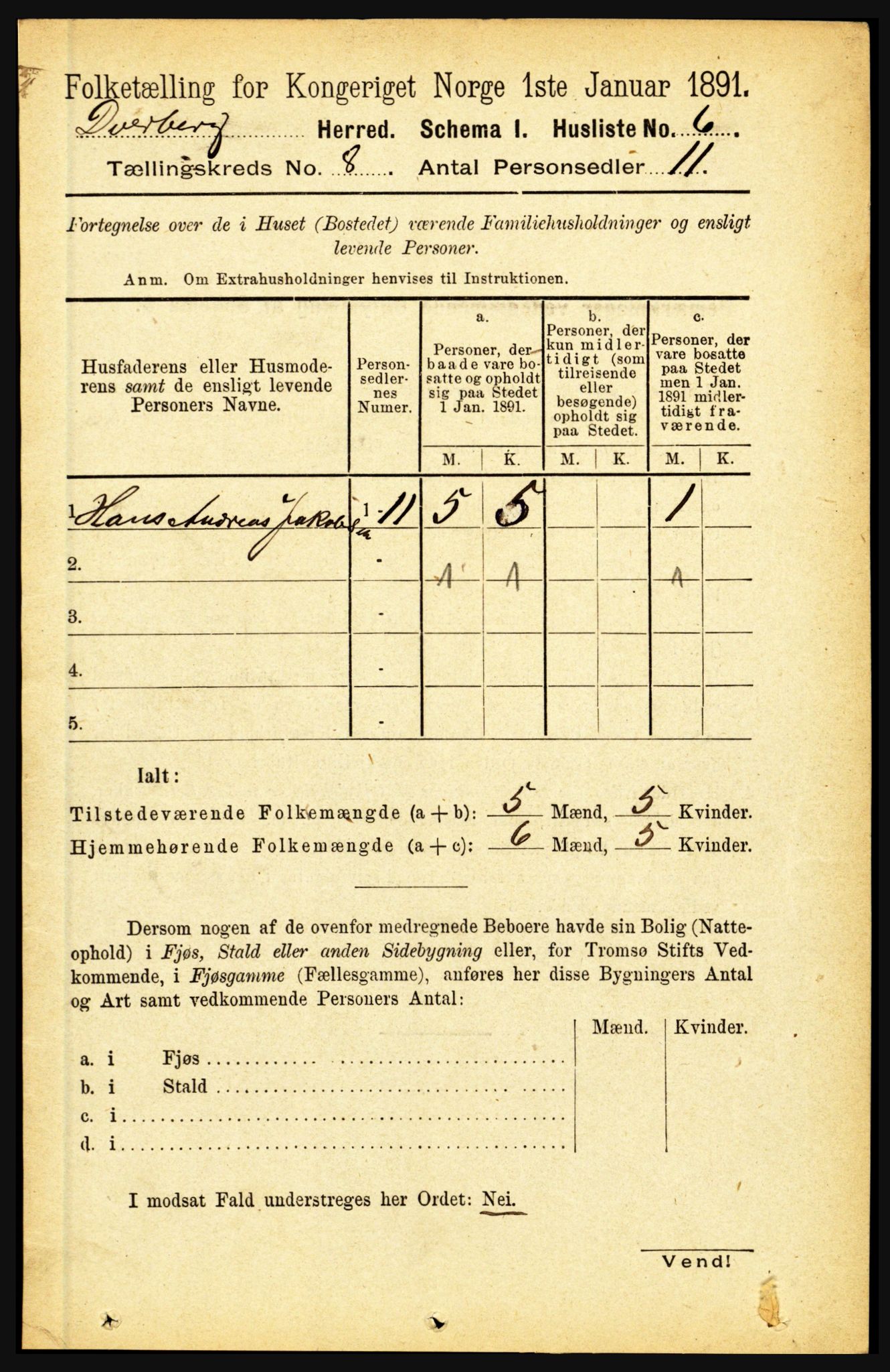 RA, 1891 census for 1872 Dverberg, 1891, p. 3054