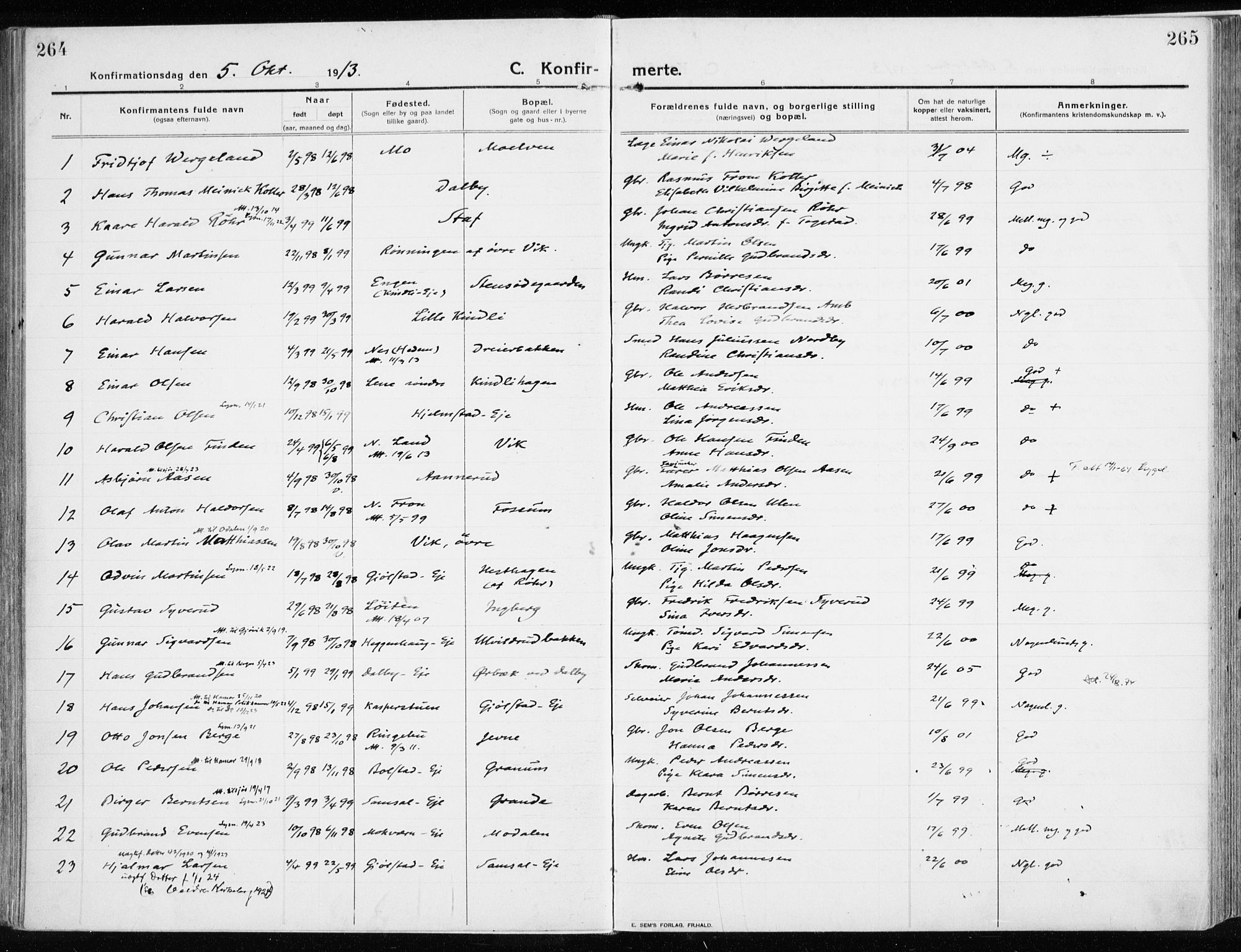 Ringsaker prestekontor, SAH/PREST-014/K/Ka/L0020: Parish register (official) no. 20, 1913-1922, p. 264-265