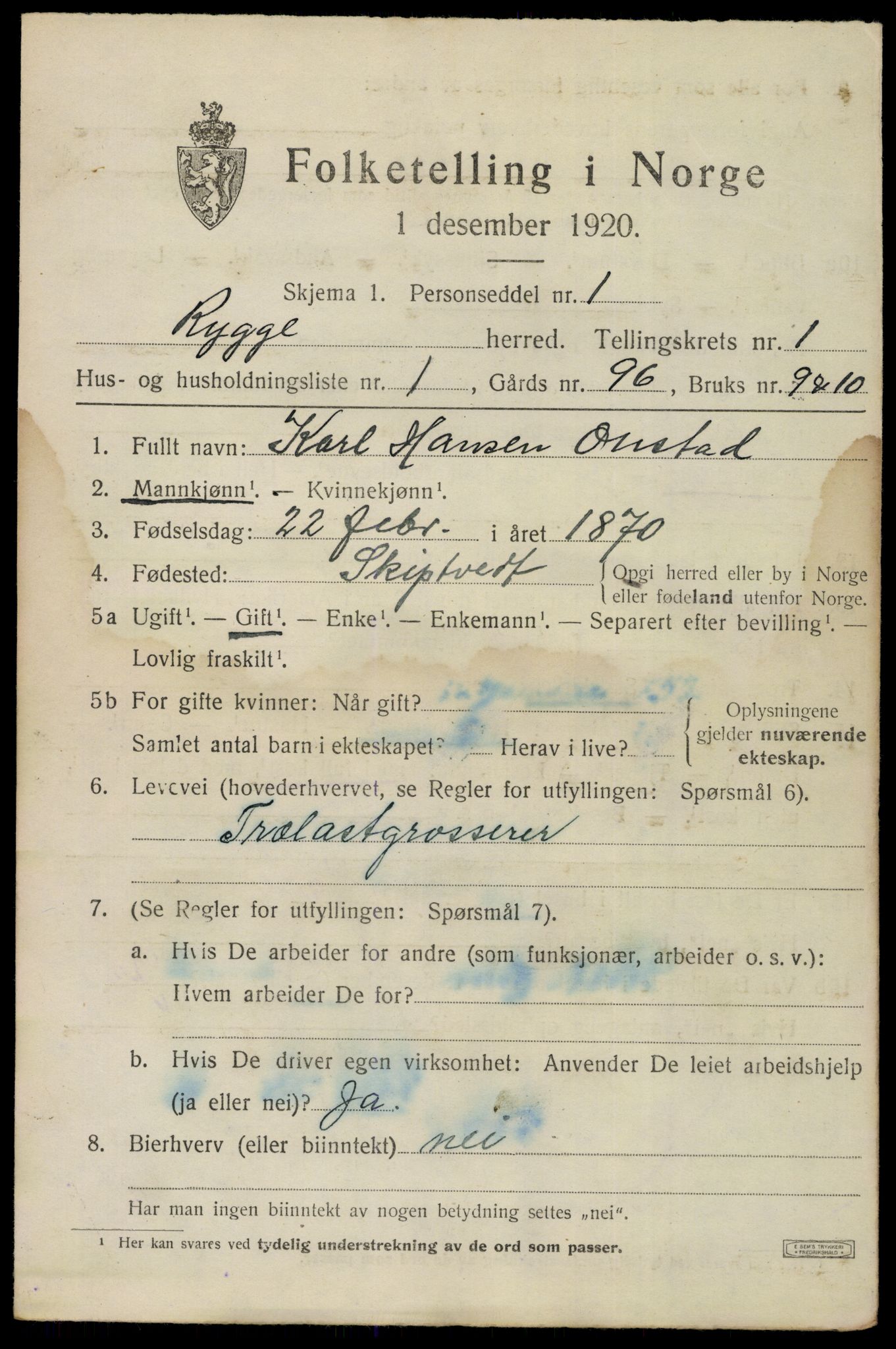 SAO, 1920 census for Rygge, 1920, p. 1643