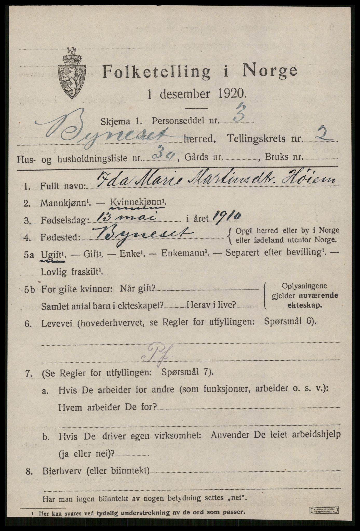 SAT, 1920 census for Byneset, 1920, p. 1622