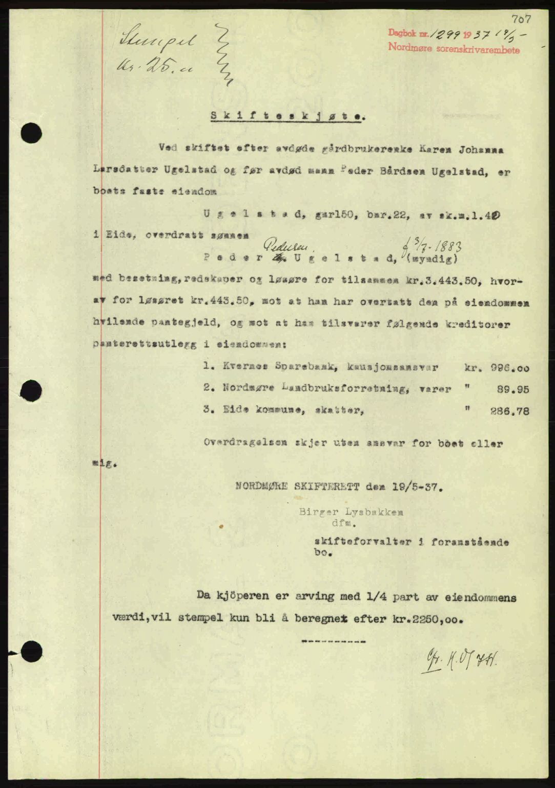 Nordmøre sorenskriveri, AV/SAT-A-4132/1/2/2Ca: Mortgage book no. A81, 1937-1937, Diary no: : 1299/1937