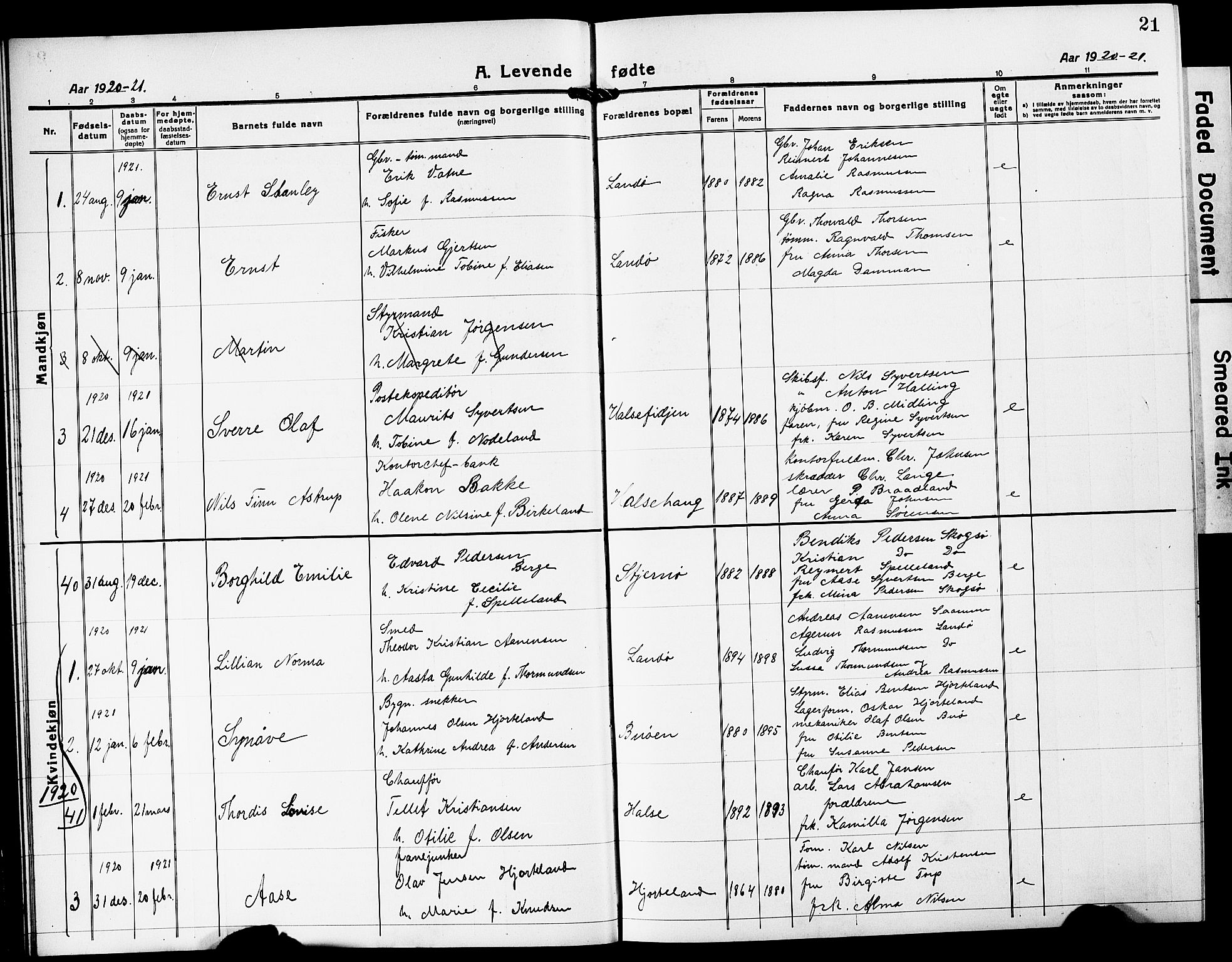Mandal sokneprestkontor, SAK/1111-0030/F/Fb/Fba/L0013: Parish register (copy) no. B 7, 1918-1931, p. 21