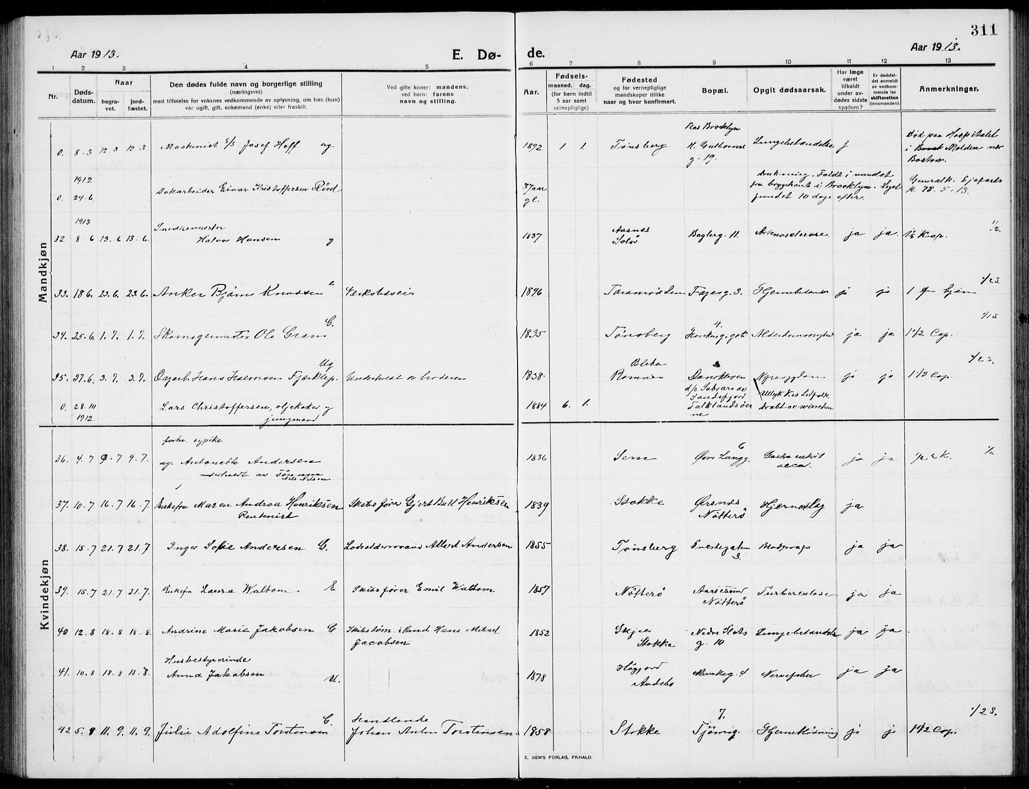 Tønsberg kirkebøker, SAKO/A-330/G/Ga/L0009: Parish register (copy) no. 9, 1913-1920, p. 311