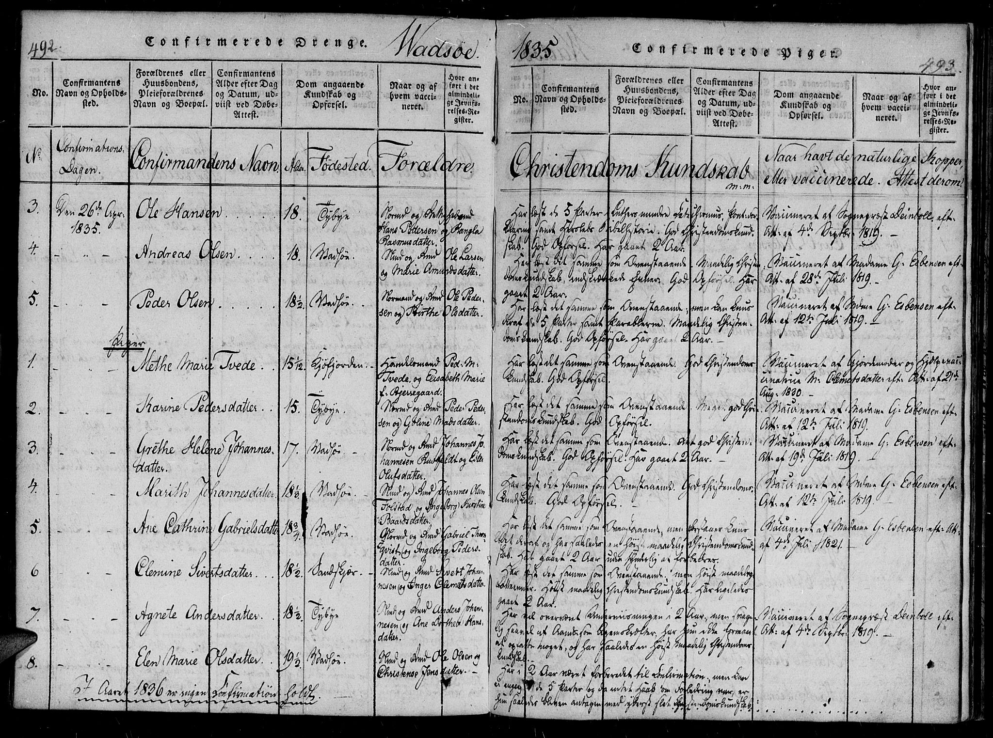 Vadsø sokneprestkontor, SATØ/S-1325/H/Ha/L0003kirke: Parish register (official) no. 3 /1, 1821-1839, p. 492-493