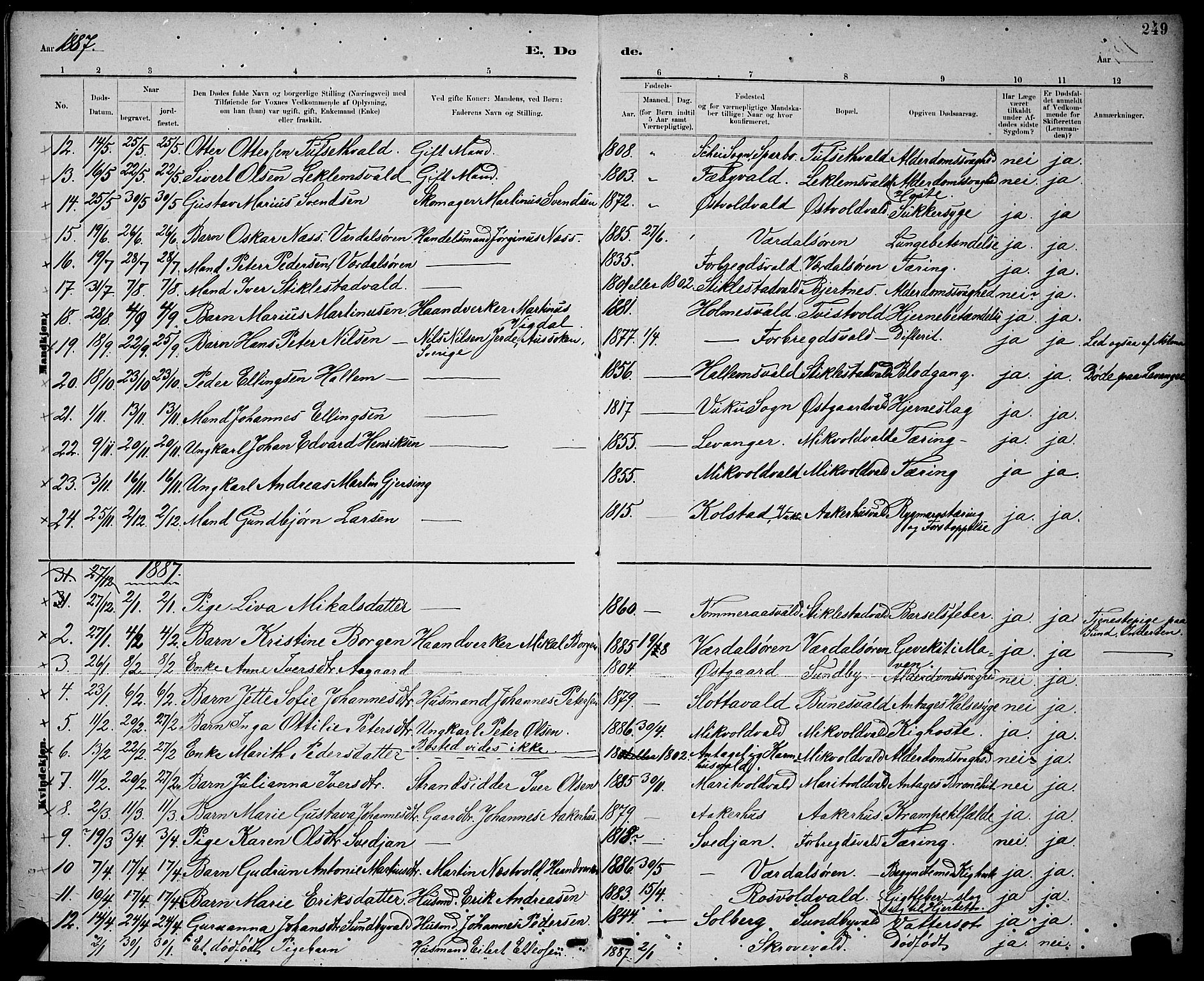 Ministerialprotokoller, klokkerbøker og fødselsregistre - Nord-Trøndelag, SAT/A-1458/723/L0256: Parish register (copy) no. 723C04, 1879-1890, p. 249
