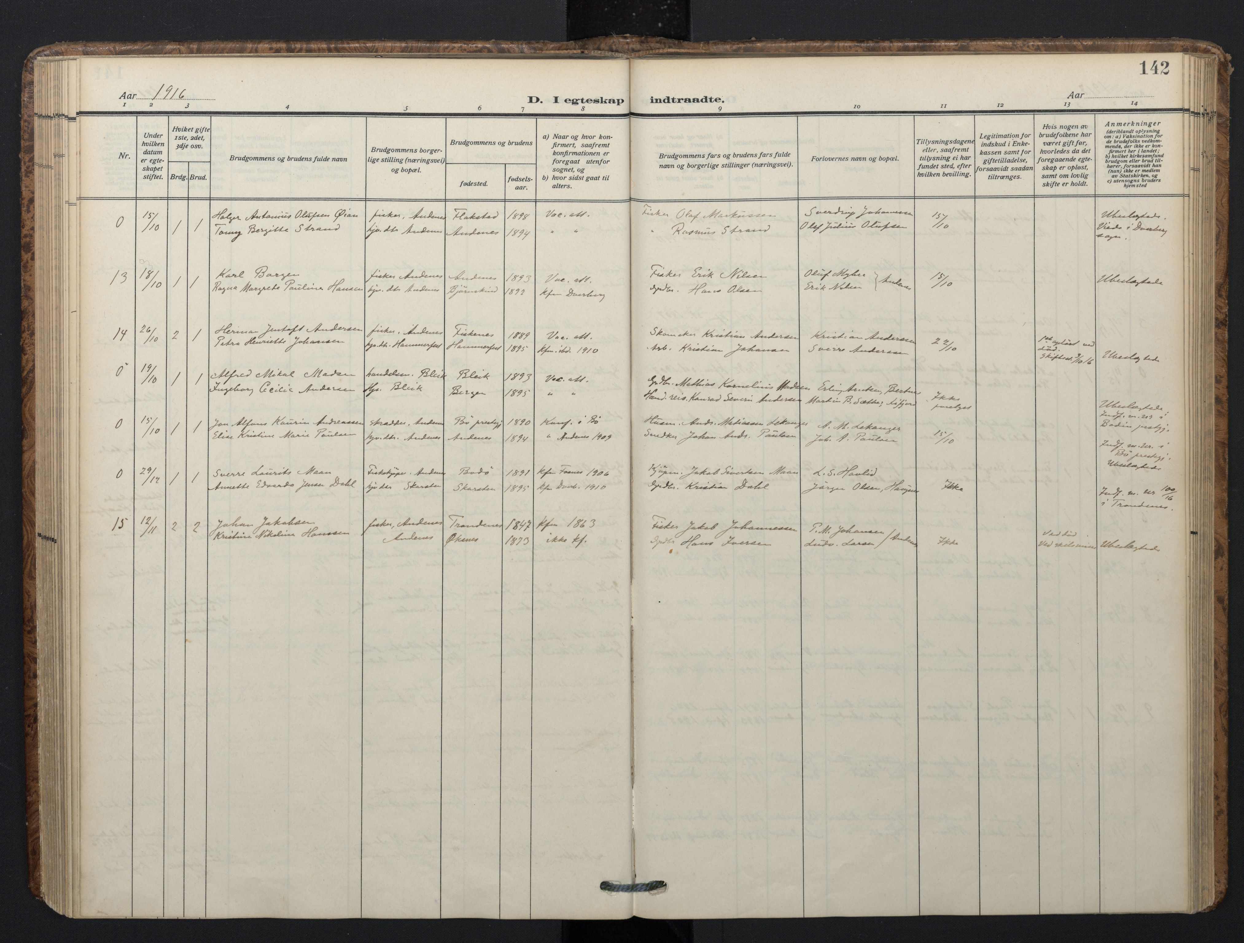 Ministerialprotokoller, klokkerbøker og fødselsregistre - Nordland, SAT/A-1459/899/L1438: Parish register (official) no. 899A06, 1909-1922, p. 142