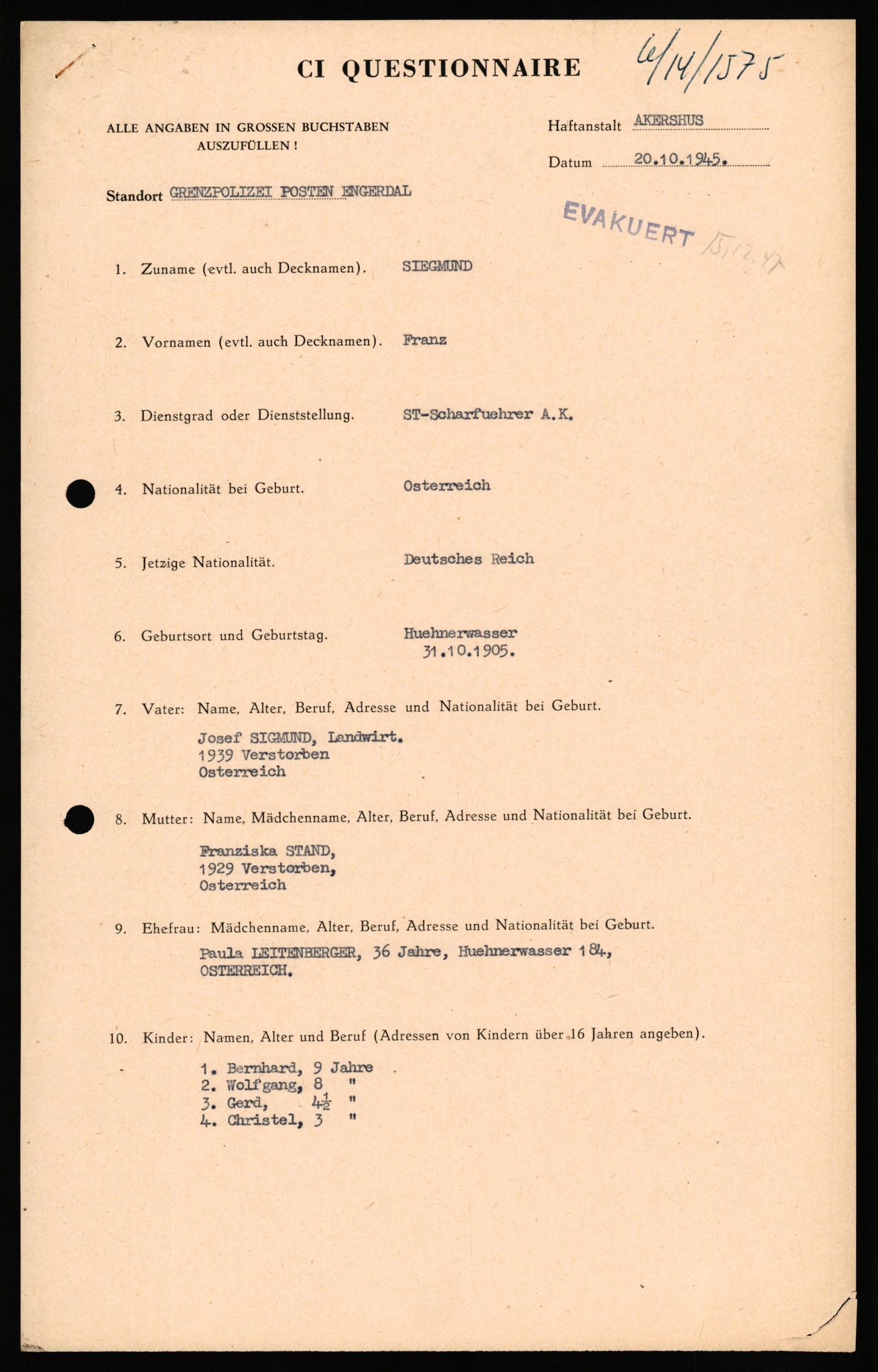 Forsvaret, Forsvarets overkommando II, AV/RA-RAFA-3915/D/Db/L0032: CI Questionaires. Tyske okkupasjonsstyrker i Norge. Tyskere., 1945-1946, p. 75