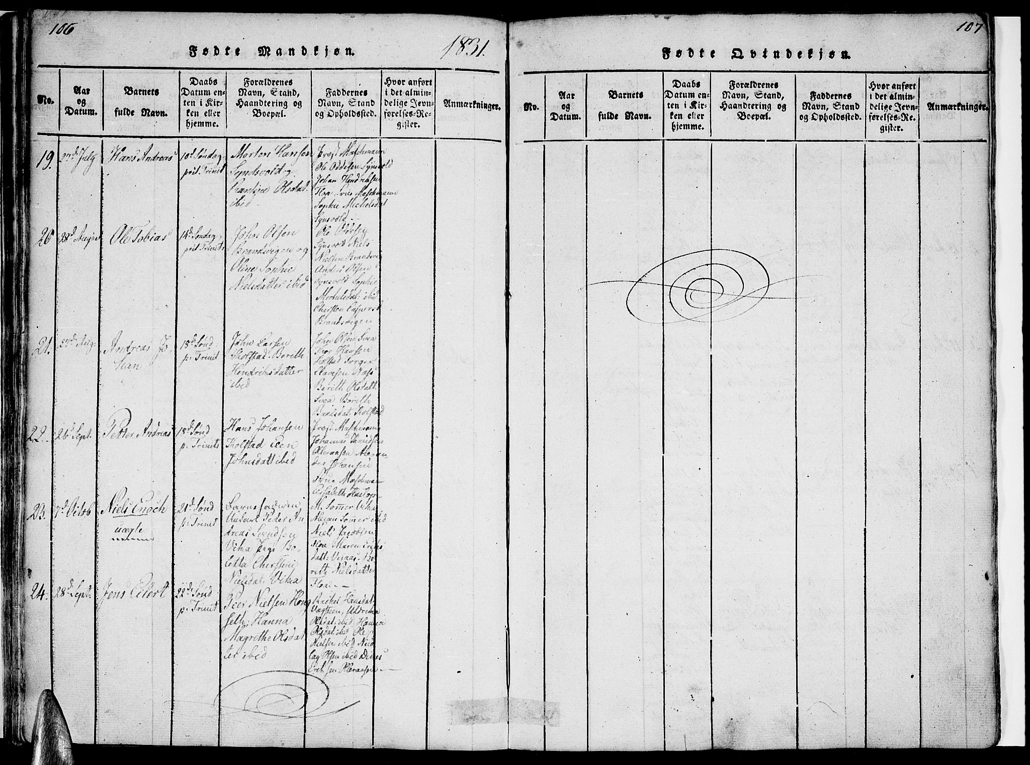 Ministerialprotokoller, klokkerbøker og fødselsregistre - Nordland, AV/SAT-A-1459/816/L0239: Parish register (official) no. 816A05, 1820-1845, p. 106-107