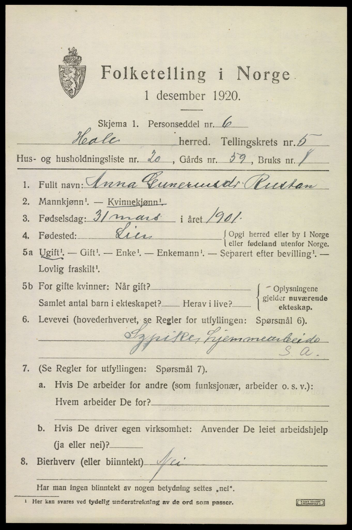 SAKO, 1920 census for Hole, 1920, p. 3547