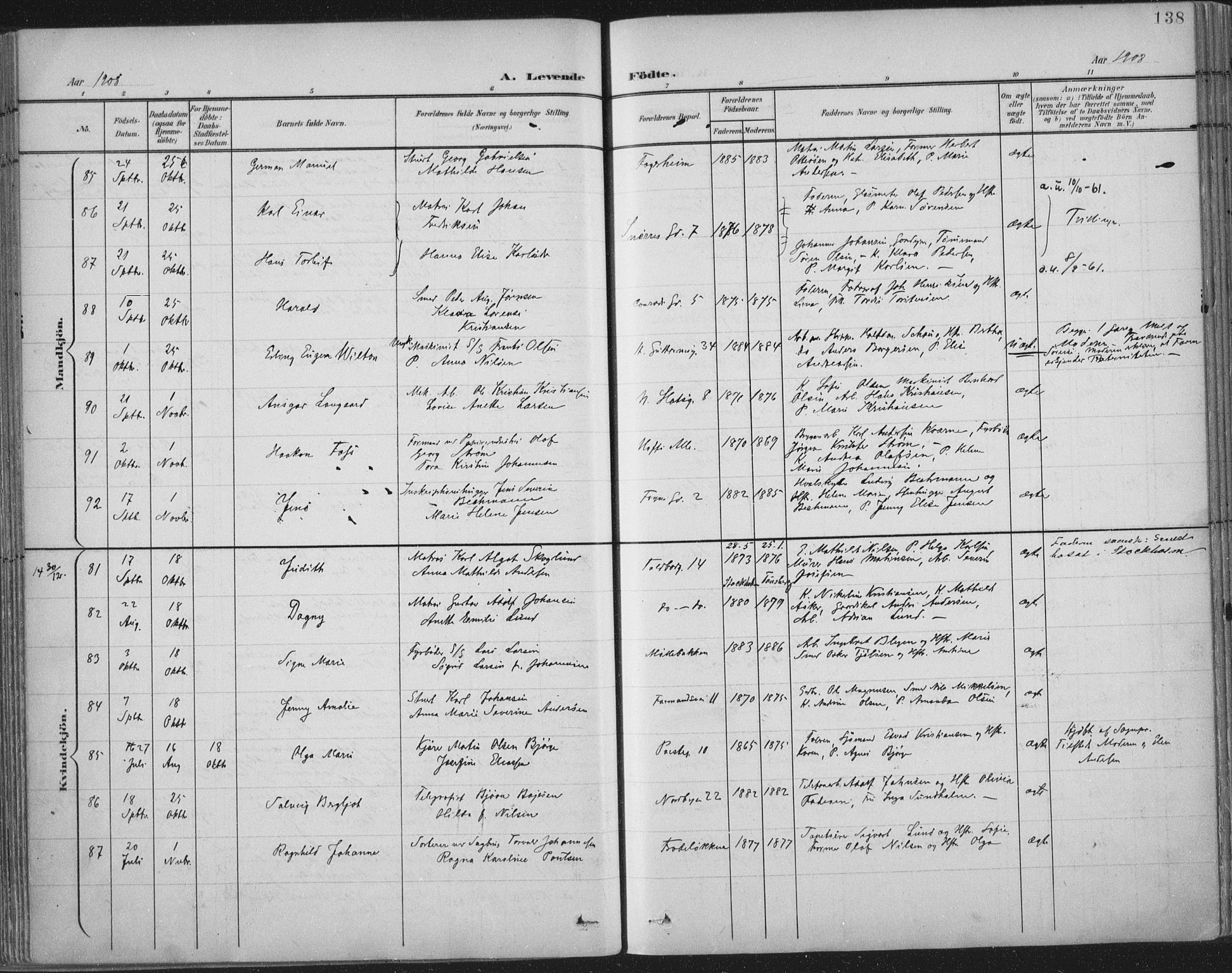 Tønsberg kirkebøker, SAKO/A-330/F/Fa/L0014: Parish register (official) no. I 14, 1900-1913, p. 138