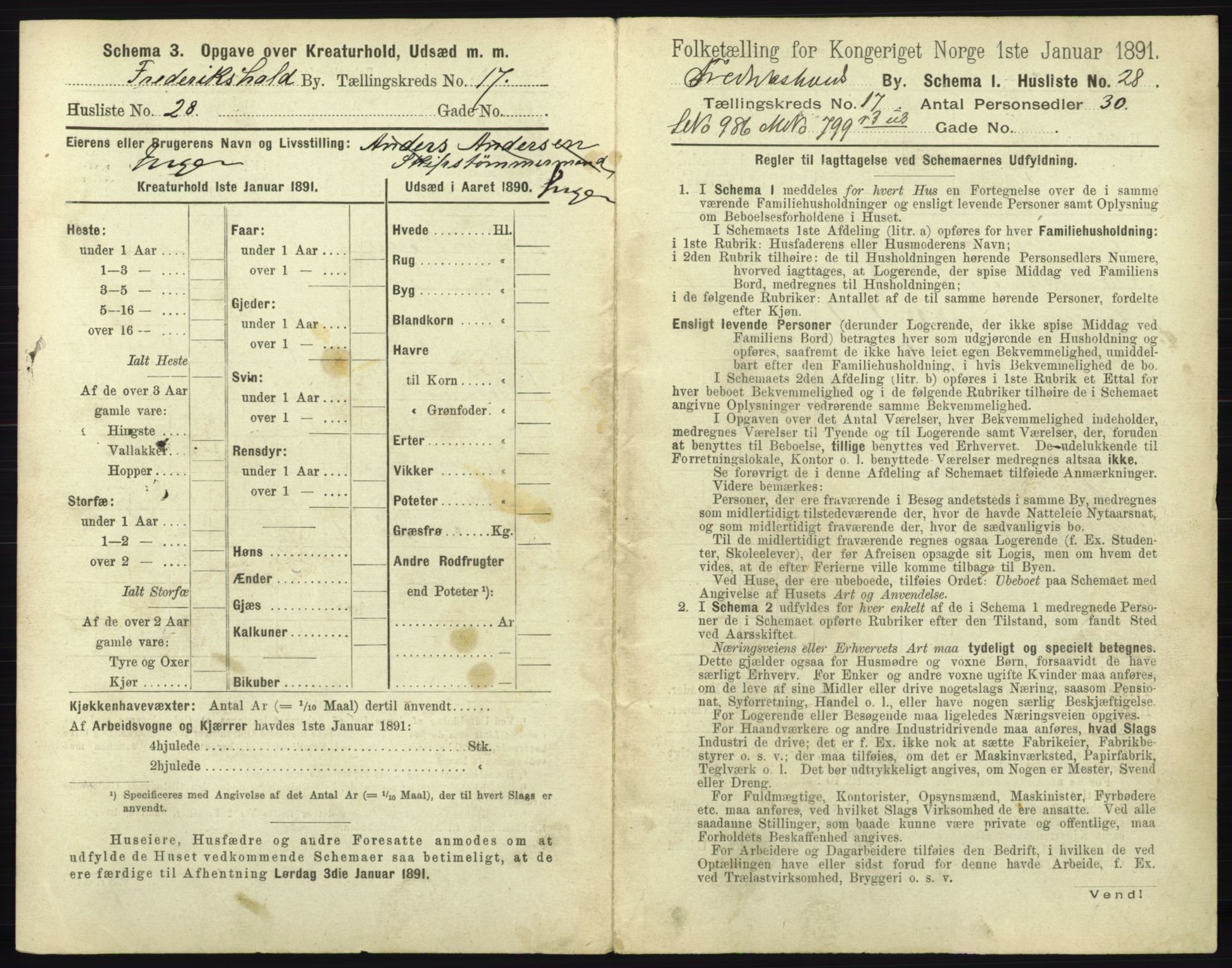 RA, 1891 census for 0101 Fredrikshald, 1891, p. 1586