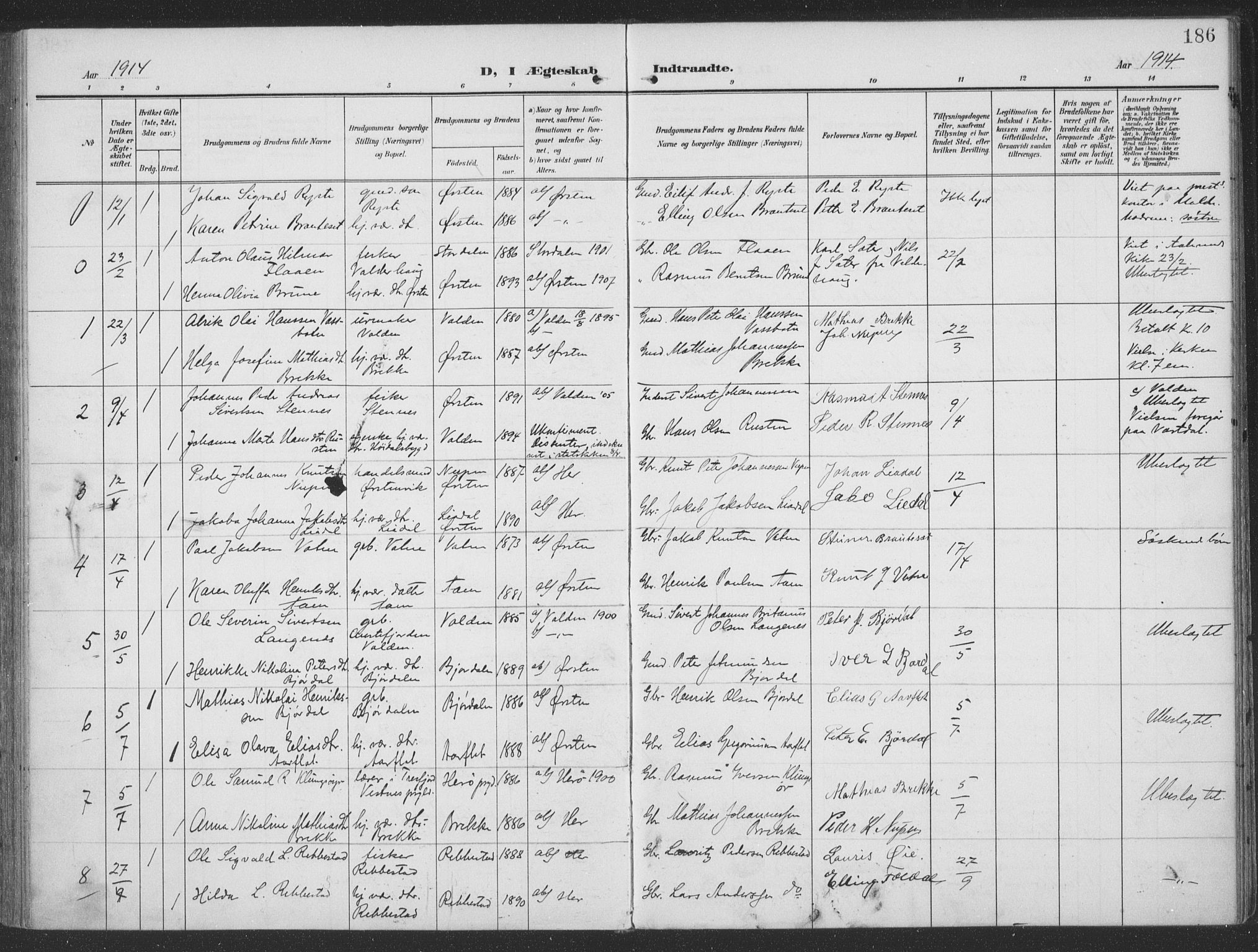 Ministerialprotokoller, klokkerbøker og fødselsregistre - Møre og Romsdal, SAT/A-1454/513/L0178: Parish register (official) no. 513A05, 1906-1919, p. 186