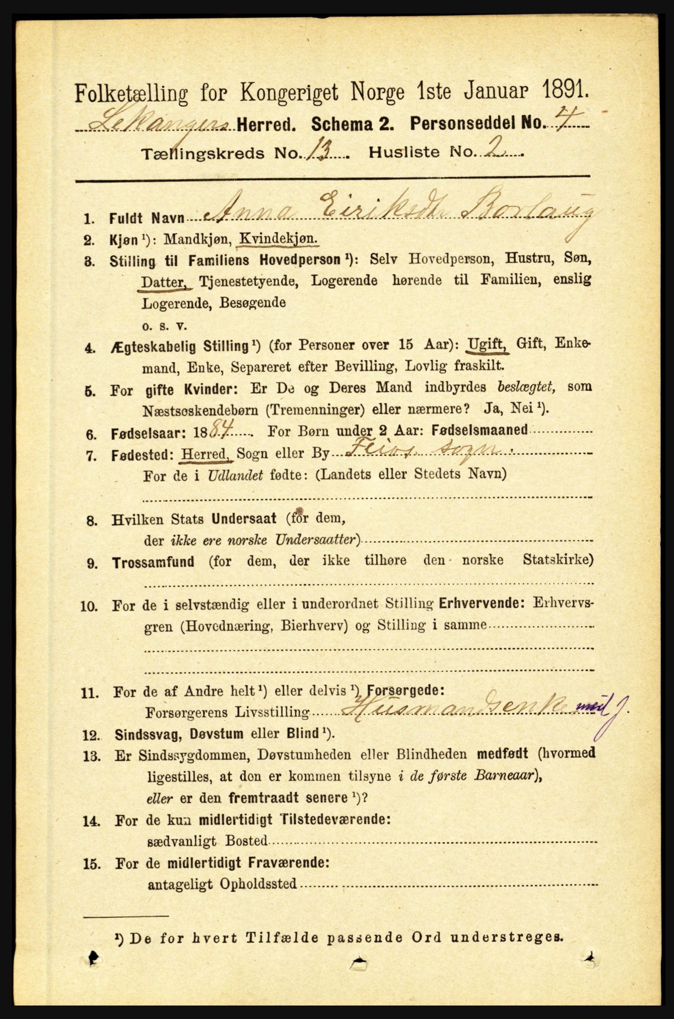 RA, 1891 census for 1419 Leikanger, 1891, p. 2467