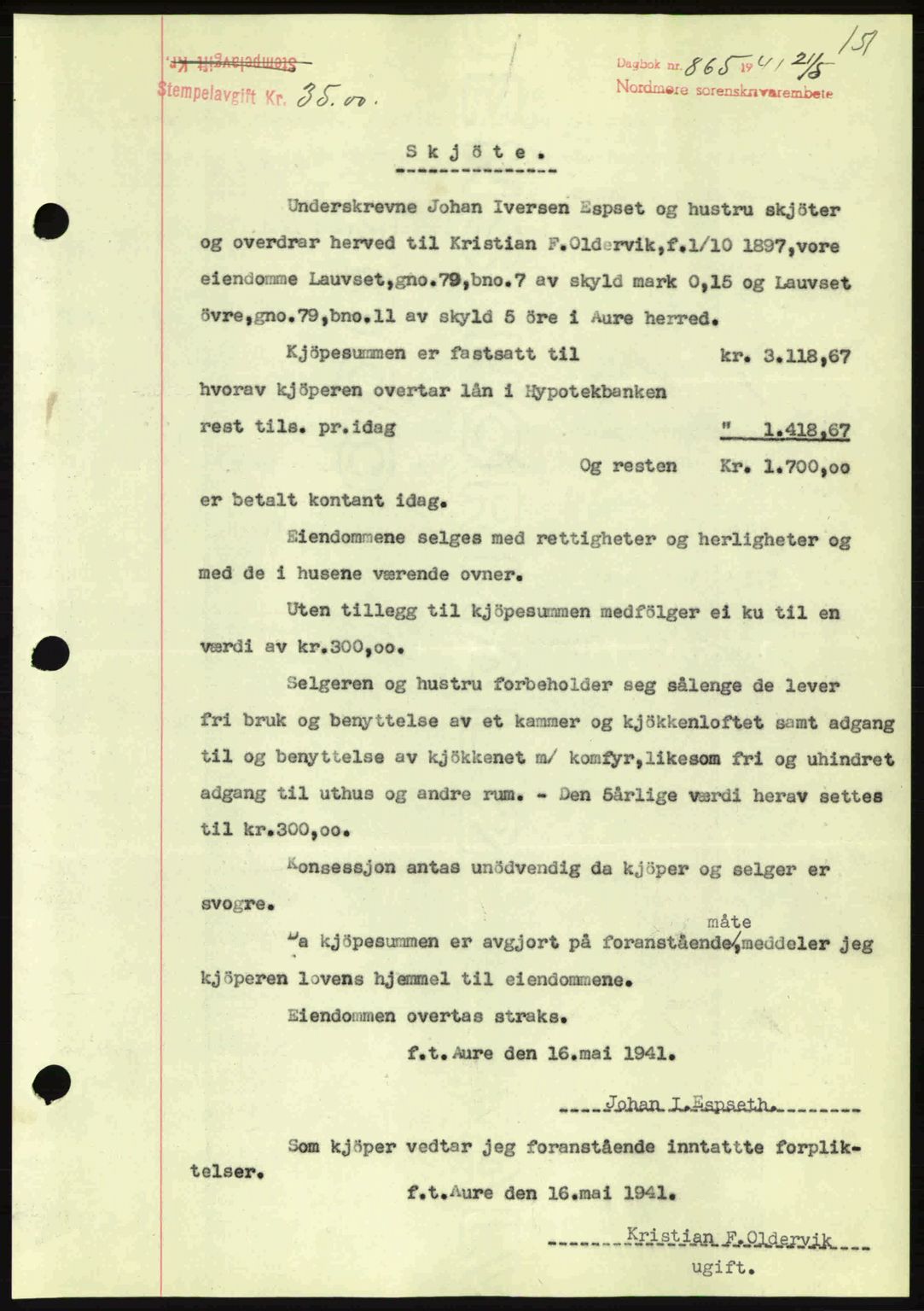 Nordmøre sorenskriveri, SAT/A-4132/1/2/2Ca: Mortgage book no. A90, 1941-1941, Diary no: : 865/1941