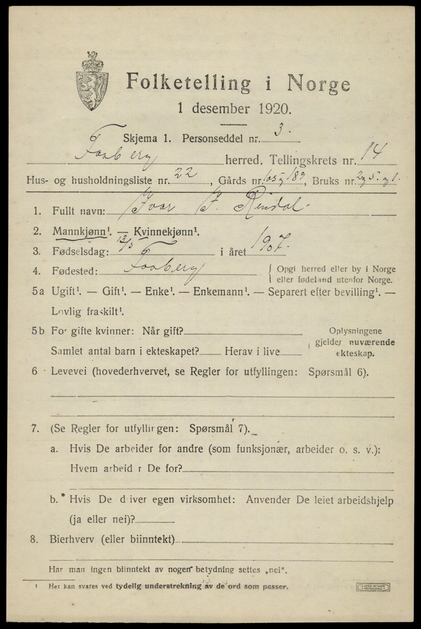 SAH, 1920 census for Fåberg, 1920, p. 15012