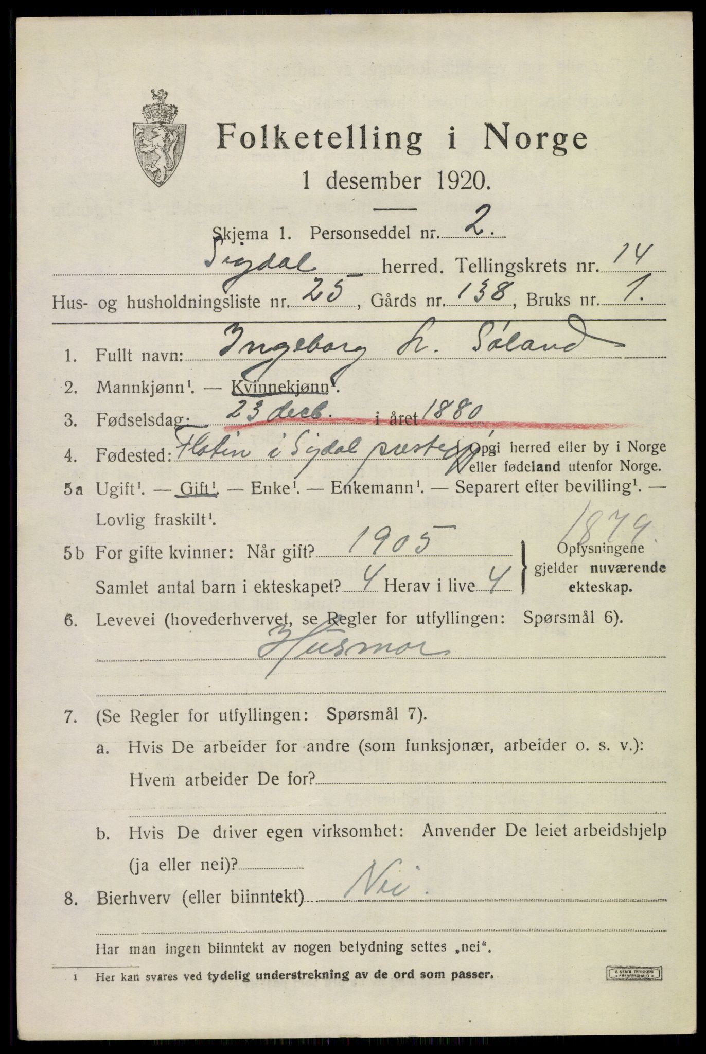 SAKO, 1920 census for Sigdal, 1920, p. 8874