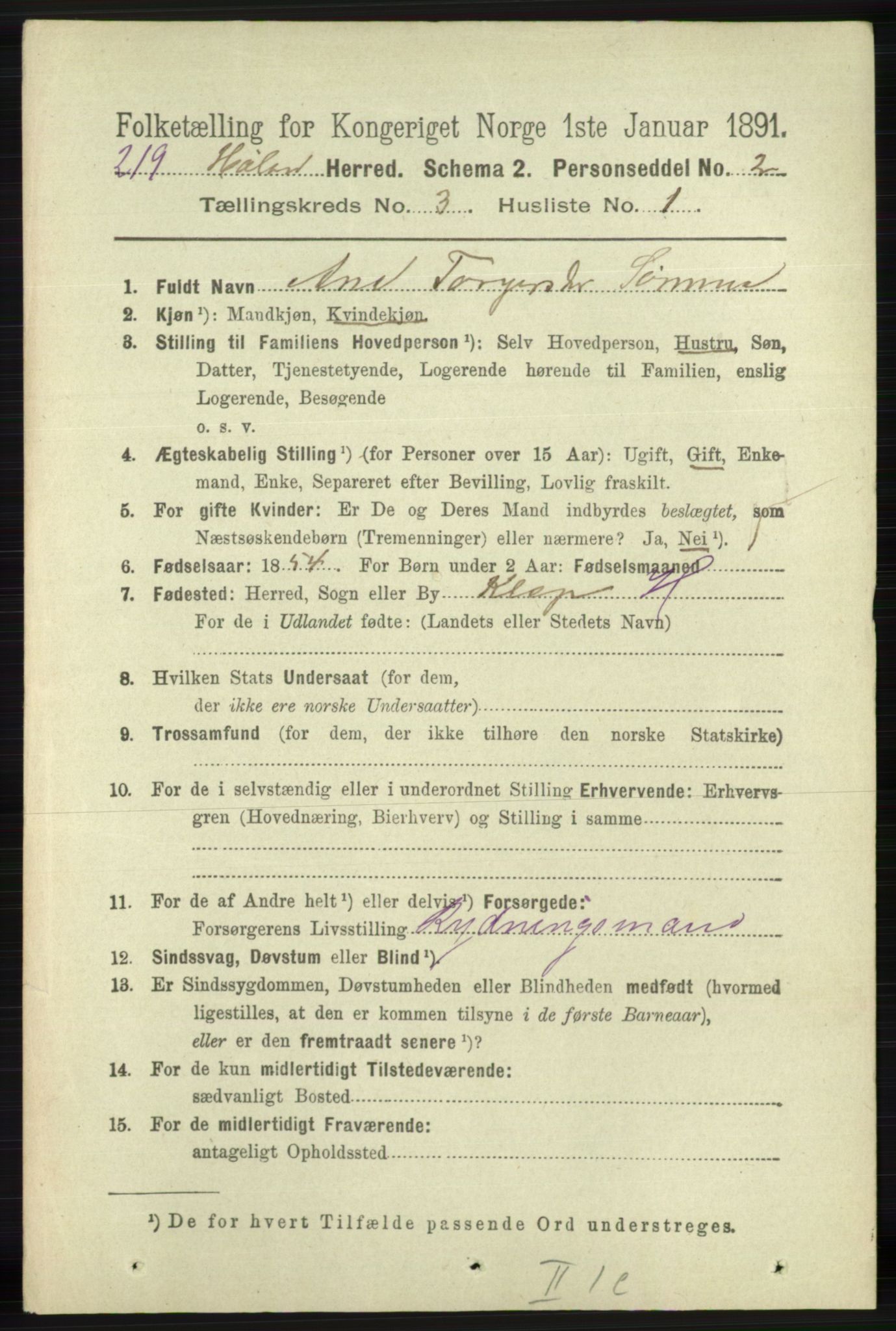 RA, 1891 census for 1124 Haaland, 1891, p. 1706