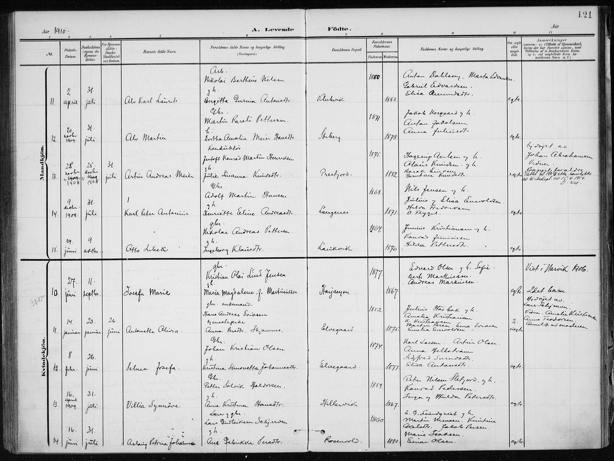 Ministerialprotokoller, klokkerbøker og fødselsregistre - Nordland, AV/SAT-A-1459/866/L0941: Parish register (official) no. 866A04, 1901-1917, p. 121