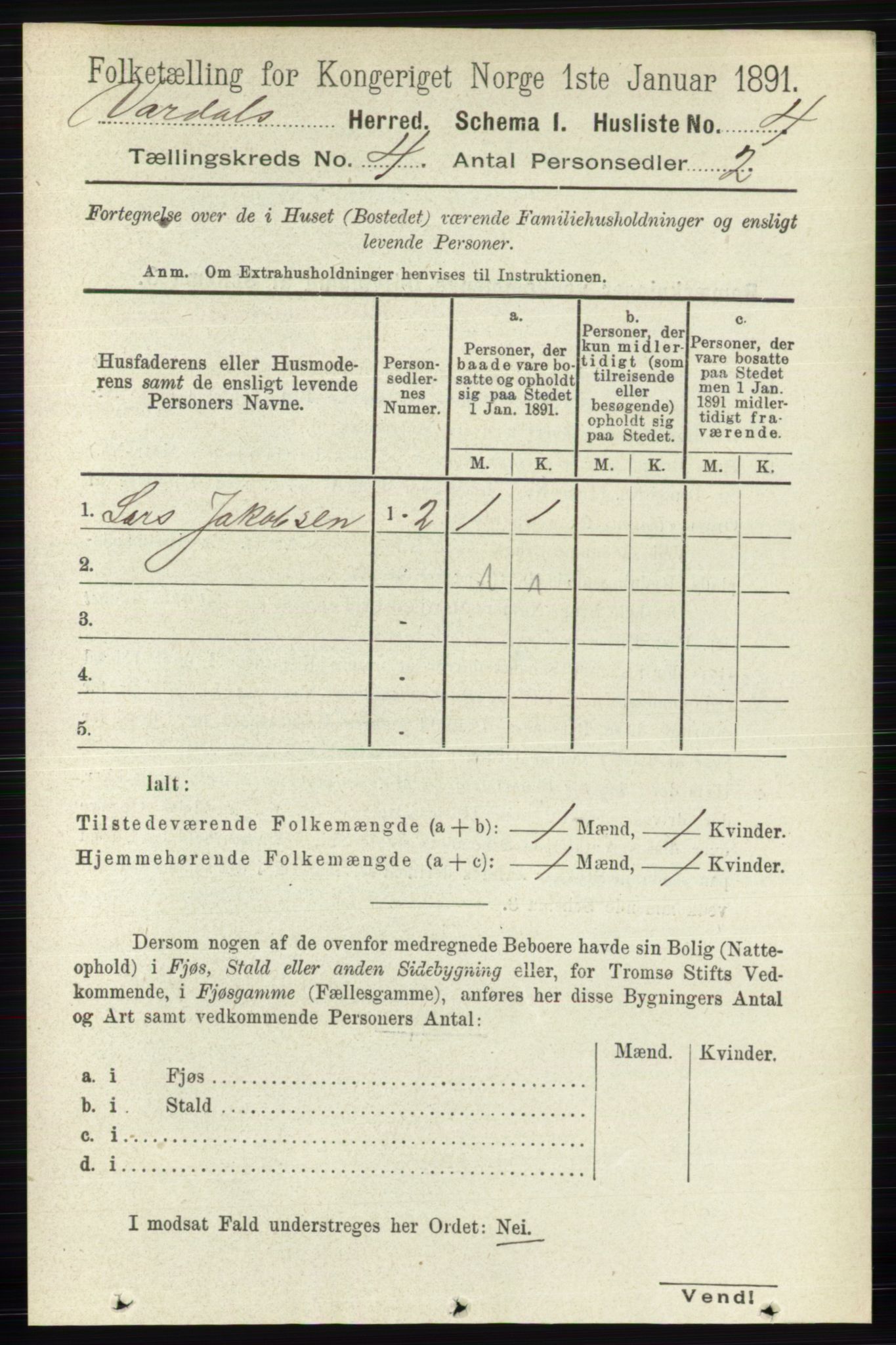 RA, 1891 census for 0527 Vardal, 1891, p. 1499