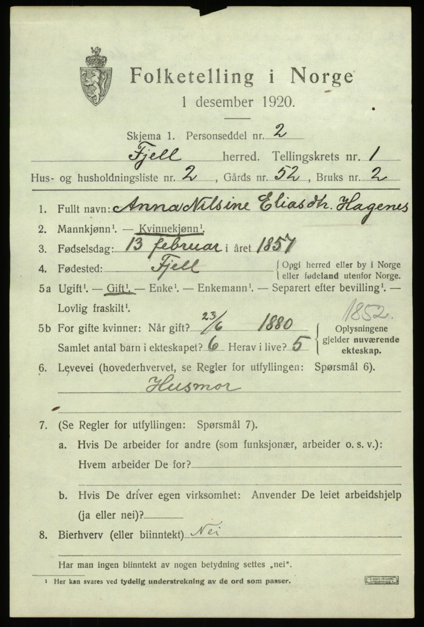 SAB, 1920 census for Fjell, 1920, p. 1474