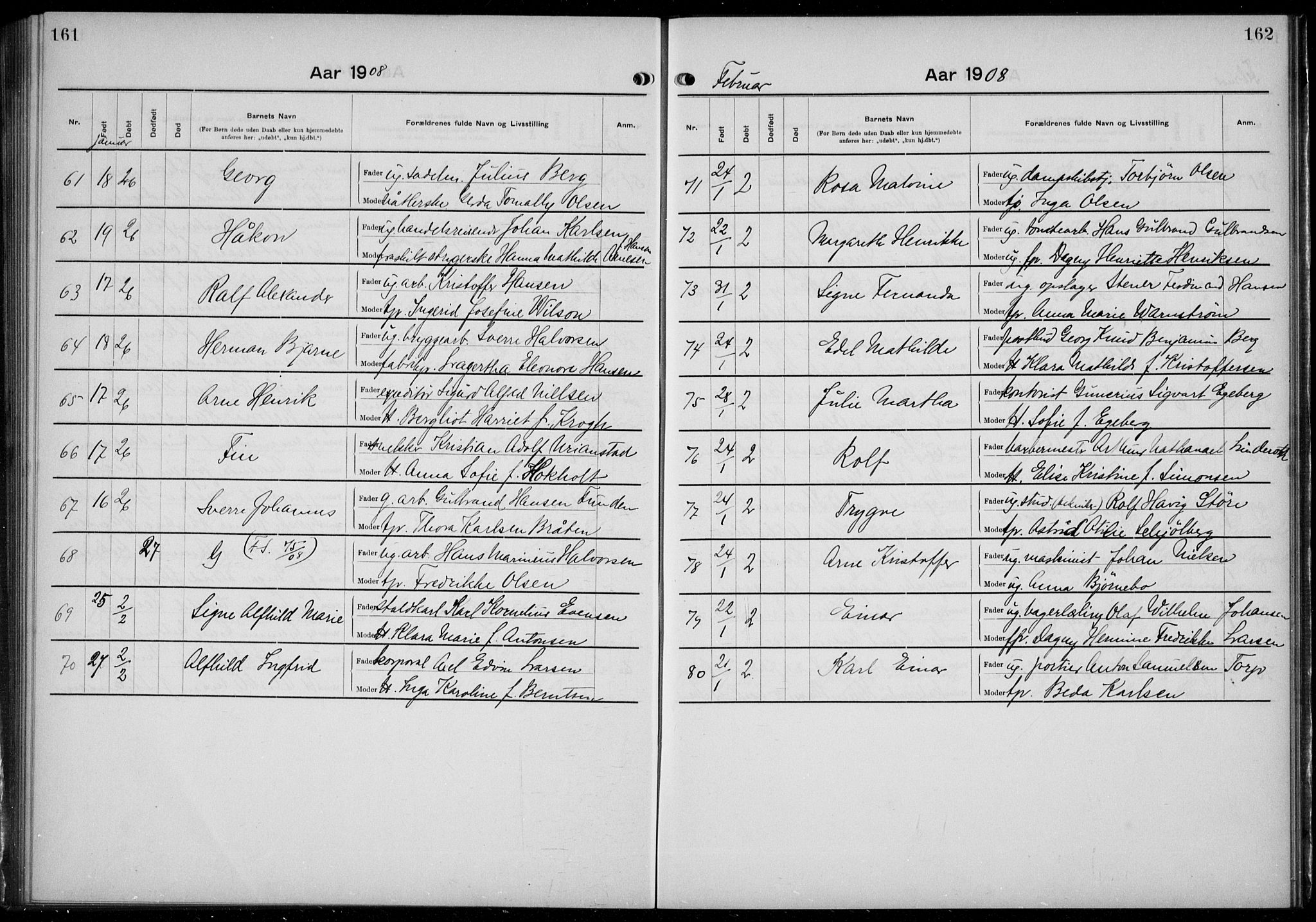 Rikshospitalet prestekontor Kirkebøker, AV/SAO-A-10309b/K/L0006/0002: Baptism register no. 6.2, 1906-1908, p. 161-162