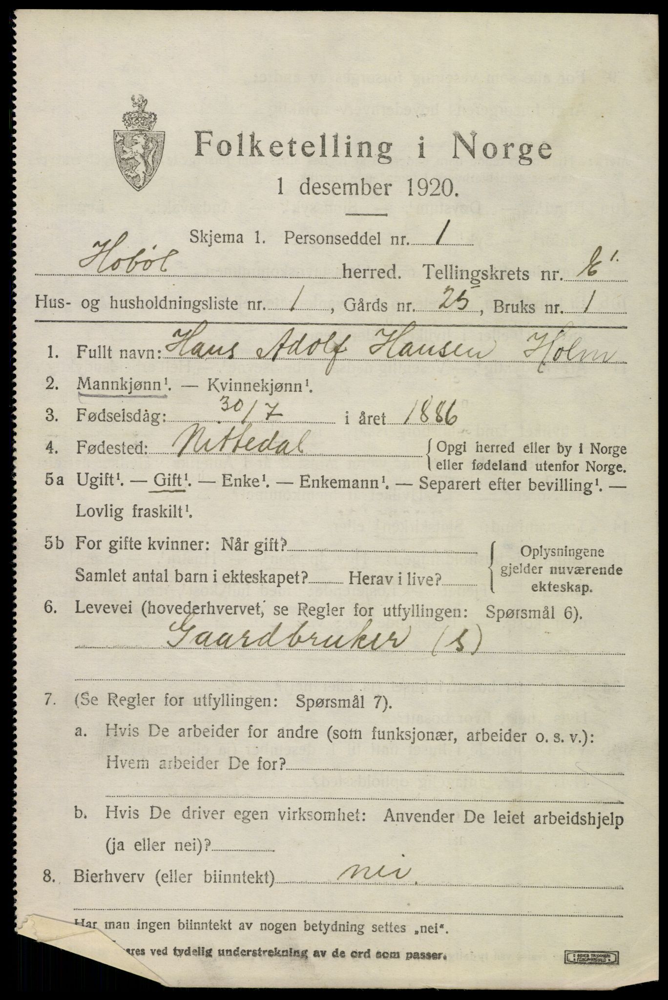 SAO, 1920 census for Hobøl, 1920, p. 5198