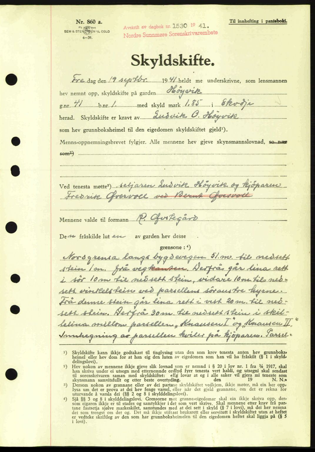 Nordre Sunnmøre sorenskriveri, AV/SAT-A-0006/1/2/2C/2Ca: Mortgage book no. A11, 1941-1941, Diary no: : 1530/1941