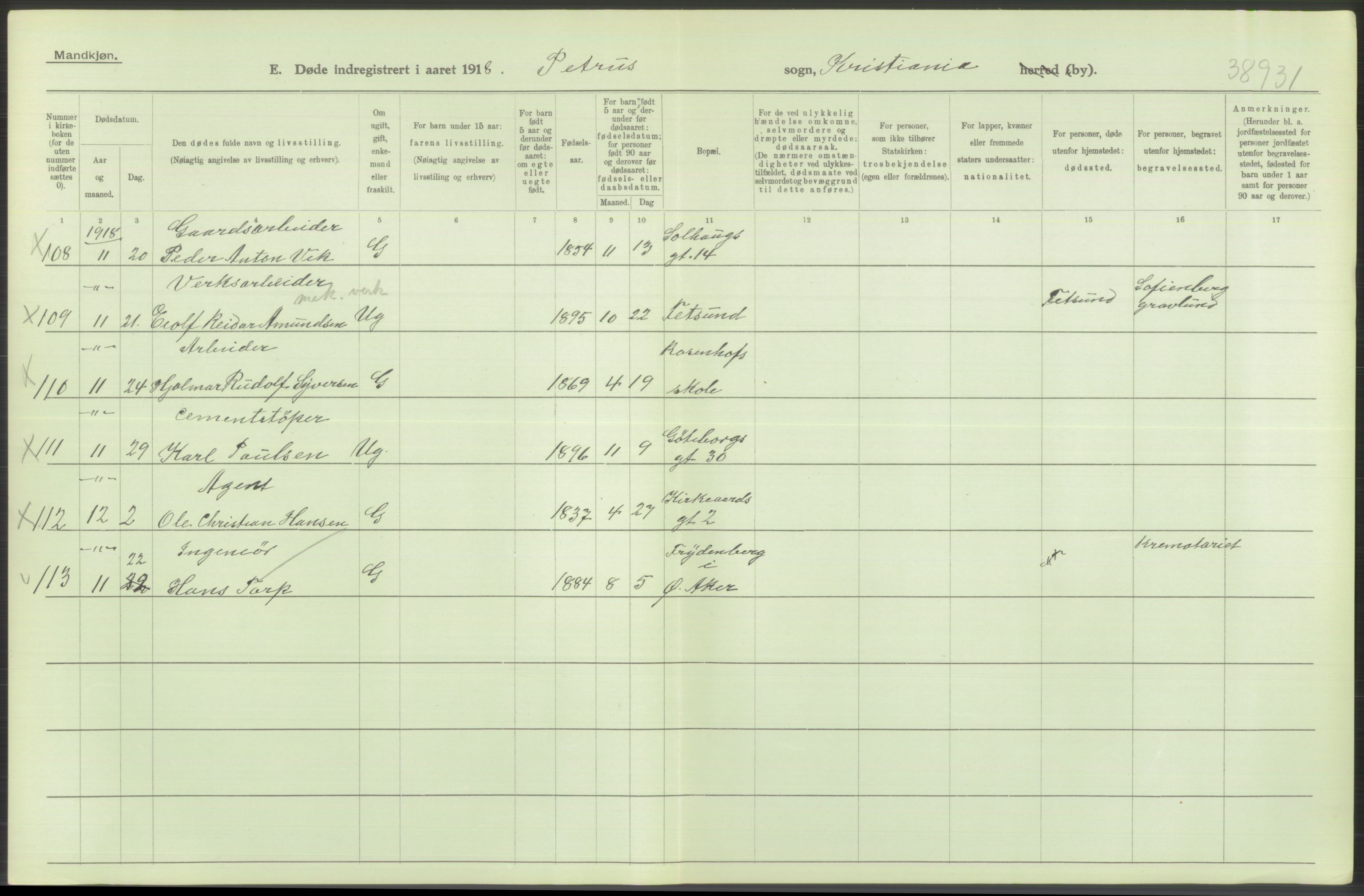 Statistisk sentralbyrå, Sosiodemografiske emner, Befolkning, AV/RA-S-2228/D/Df/Dfb/Dfbh/L0010: Kristiania: Døde, 1918, p. 586