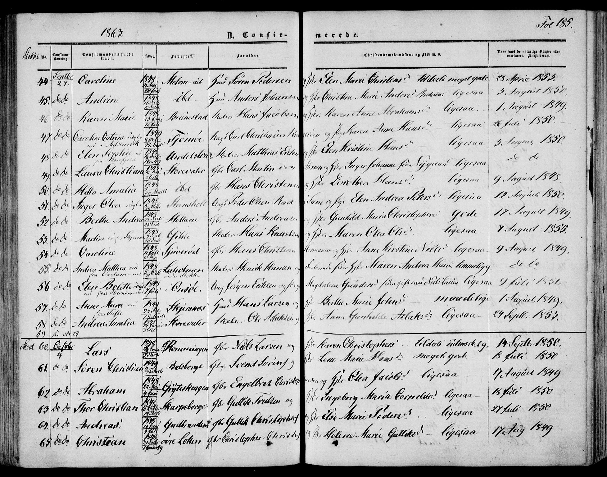 Stokke kirkebøker, AV/SAKO-A-320/F/Fa/L0008: Parish register (official) no. I 8, 1858-1871, p. 185