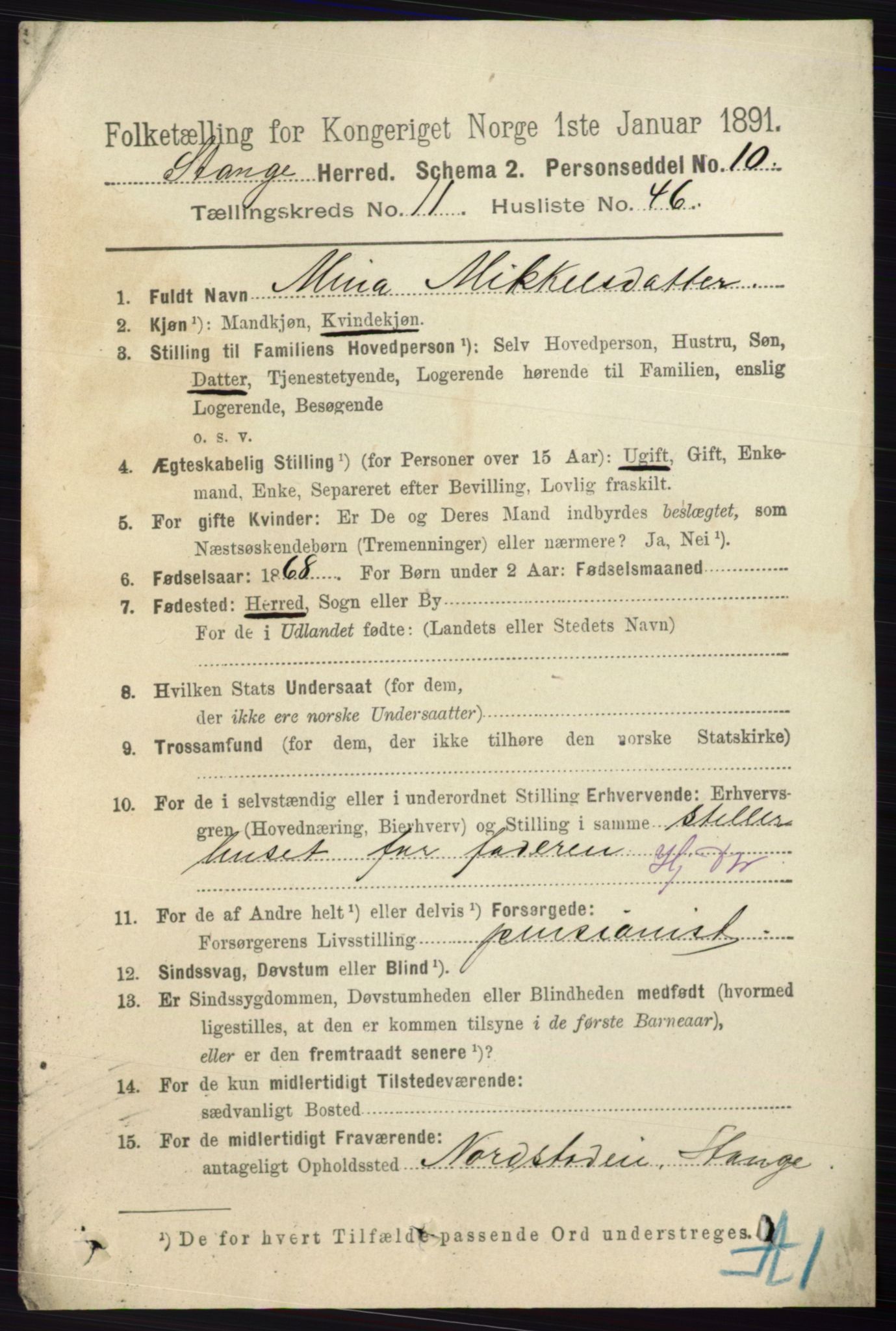 RA, 1891 census for 0417 Stange, 1891, p. 7748