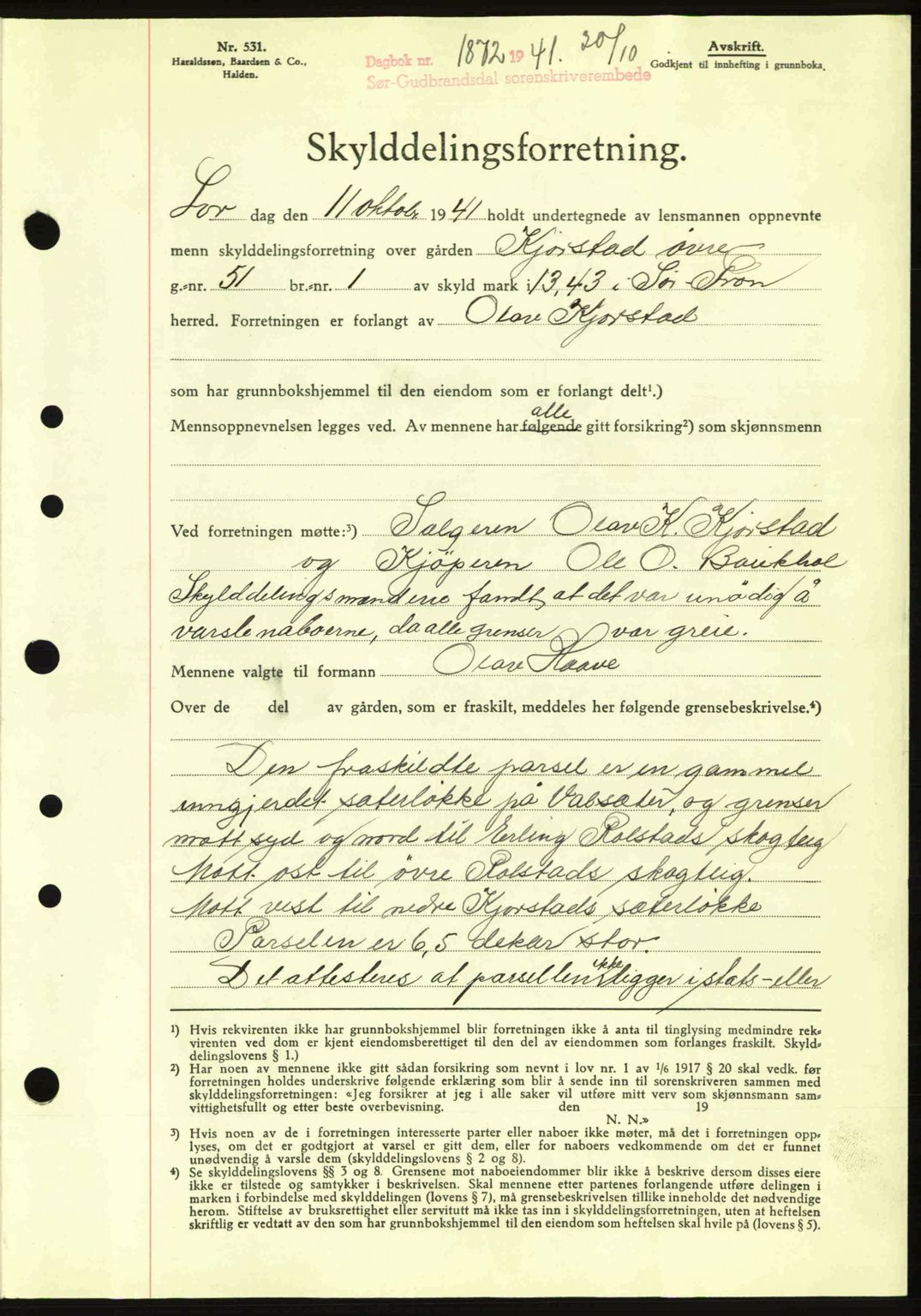 Sør-Gudbrandsdal tingrett, SAH/TING-004/H/Hb/Hbd/L0009: Mortgage book no. A9, 1941-1941, Diary no: : 1872/1941