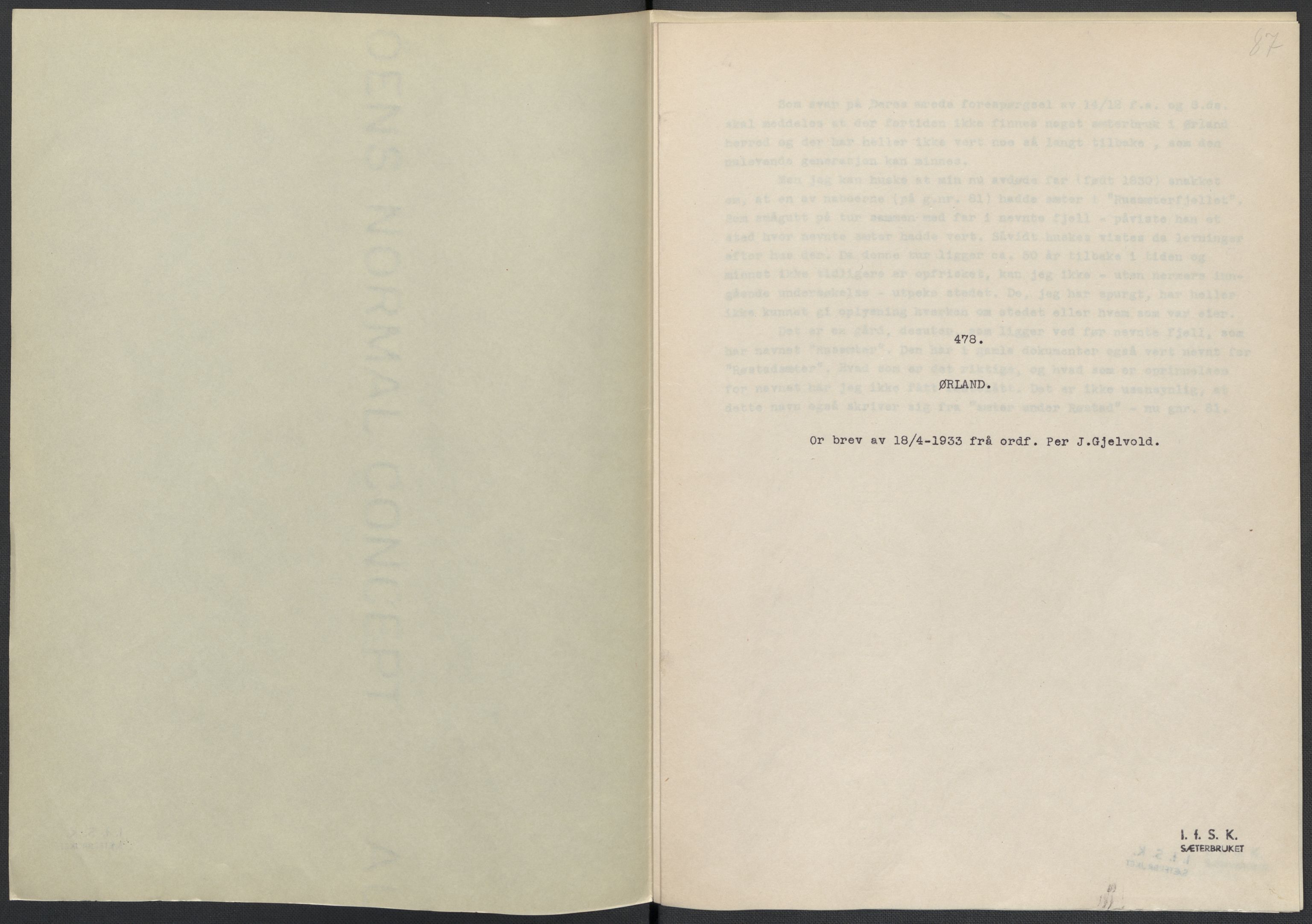 Instituttet for sammenlignende kulturforskning, AV/RA-PA-0424/F/Fc/L0013/0003: Eske B13: / Sør-Trøndelag (perm XXXVII), 1933-1936, p. 87