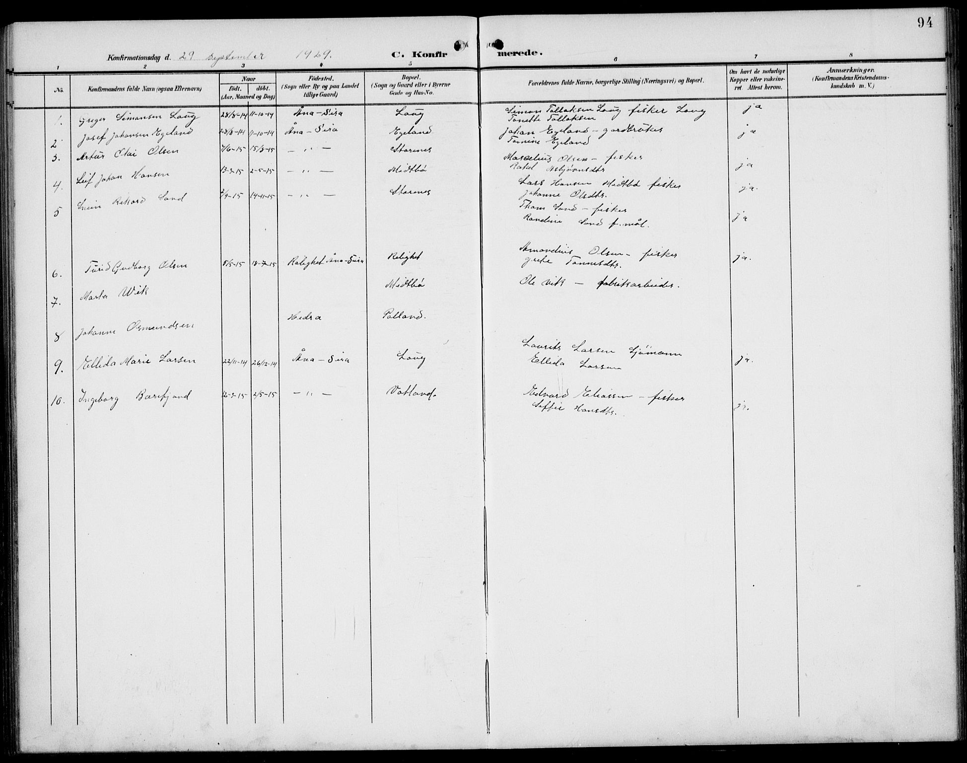 Sokndal sokneprestkontor, AV/SAST-A-101808: Parish register (copy) no. B 7, 1904-1935, p. 94