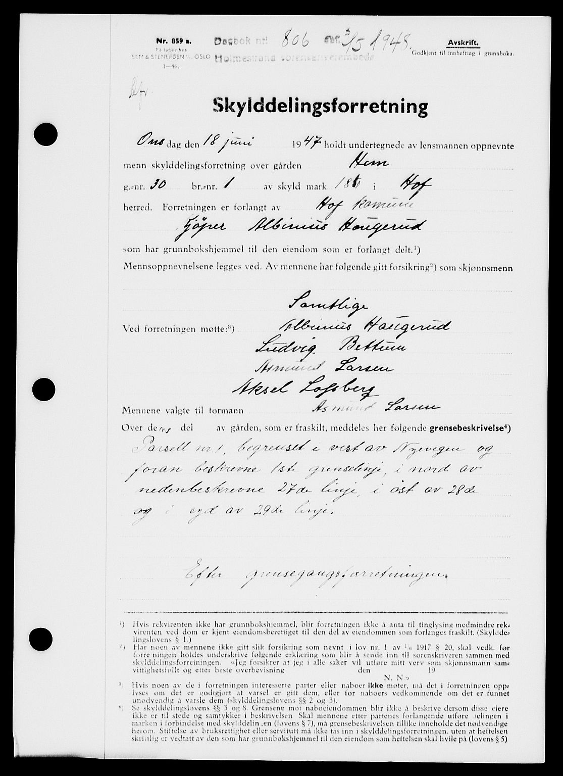 Holmestrand sorenskriveri, AV/SAKO-A-67/G/Ga/Gaa/L0064: Mortgage book no. A-64, 1948-1948, Diary no: : 806/1948