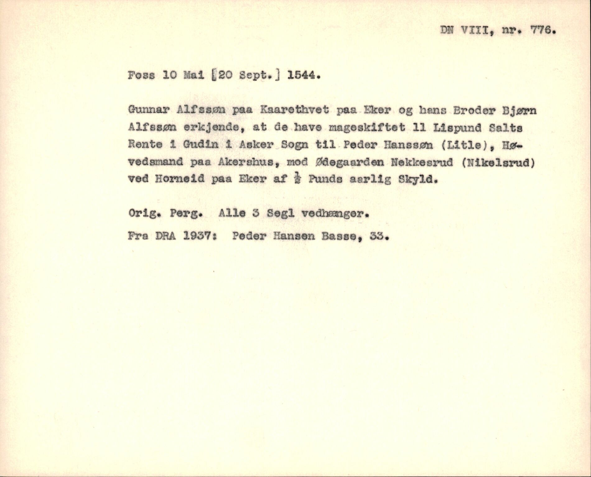 Riksarkivets diplomsamling, AV/RA-EA-5965/F35/F35f/L0002: Regestsedler: Diplomer fra DRA 1937 og 1996, p. 267