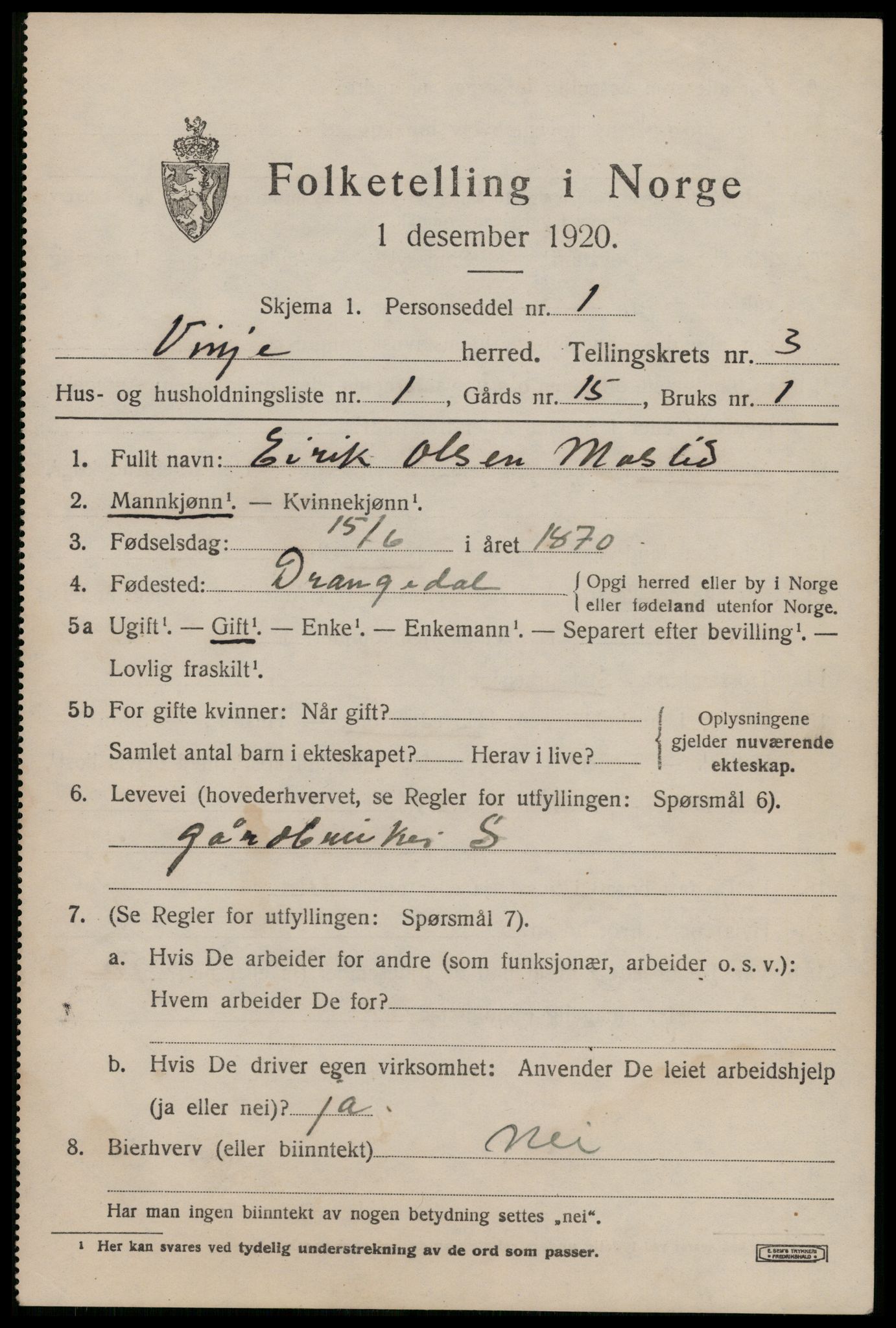 SAKO, 1920 census for Vinje, 1920, p. 1045