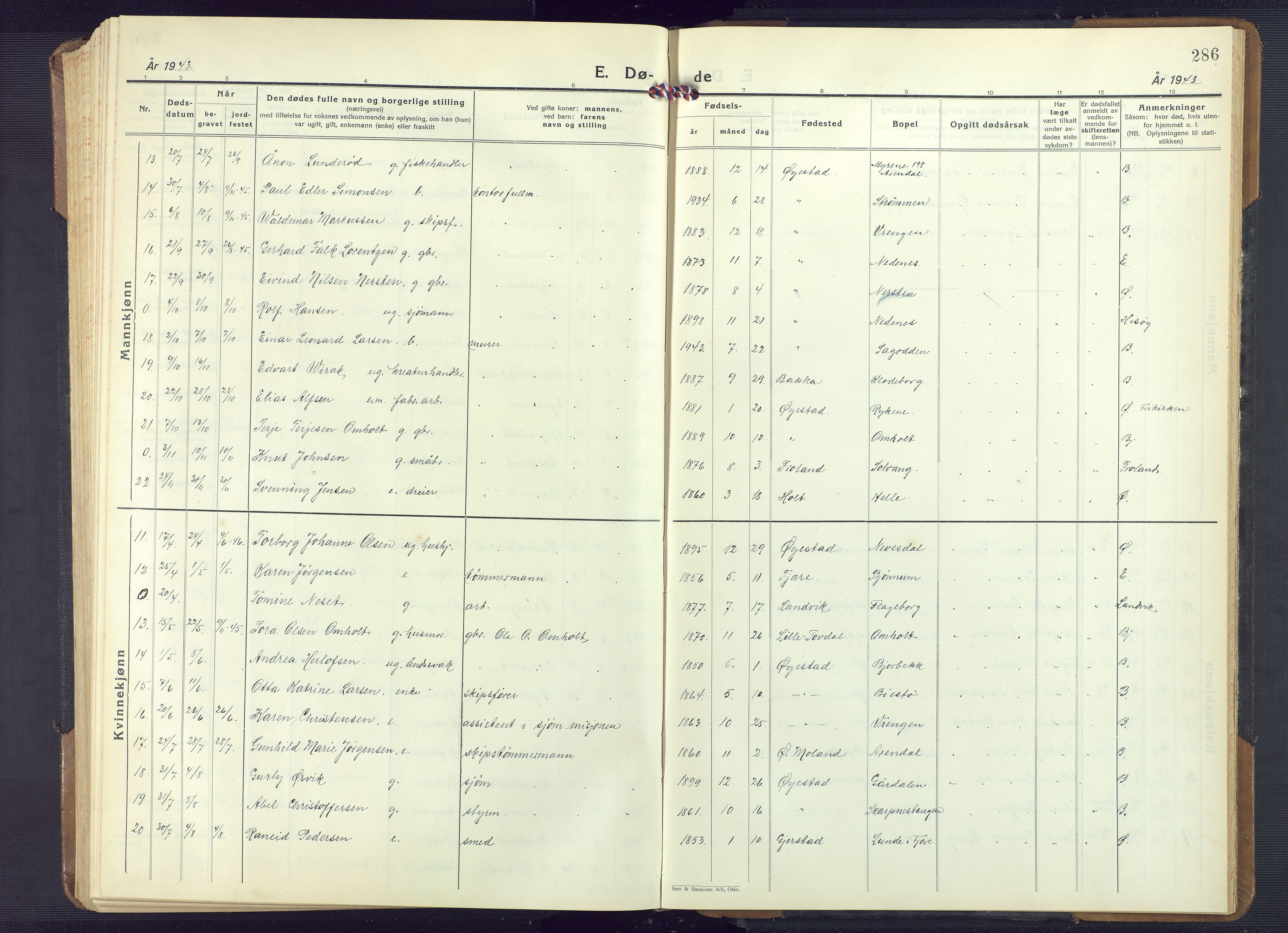 Øyestad sokneprestkontor, SAK/1111-0049/F/Fb/L0013: Parish register (copy) no. B 13, 1933-1945, p. 286