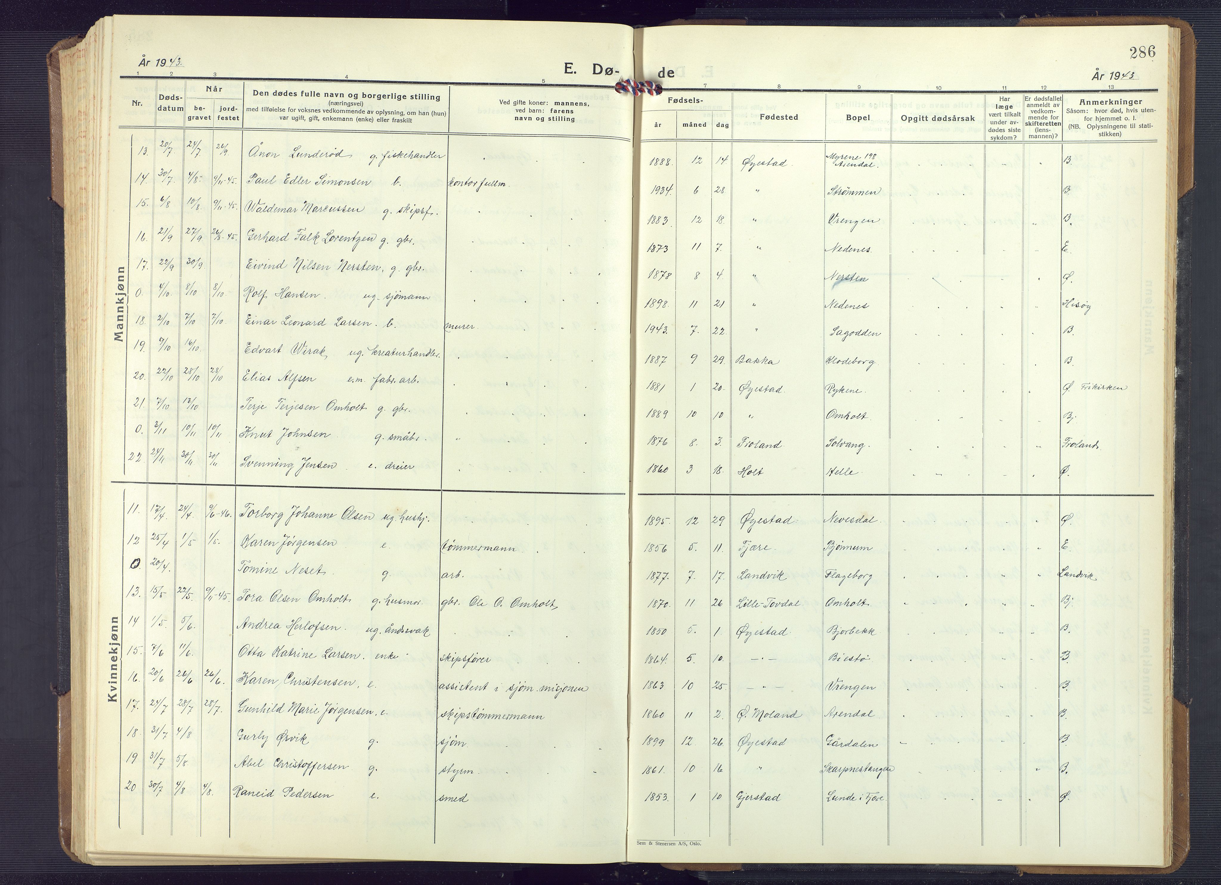 Øyestad sokneprestkontor, AV/SAK-1111-0049/F/Fb/L0013: Parish register (copy) no. B 13, 1933-1945, p. 286